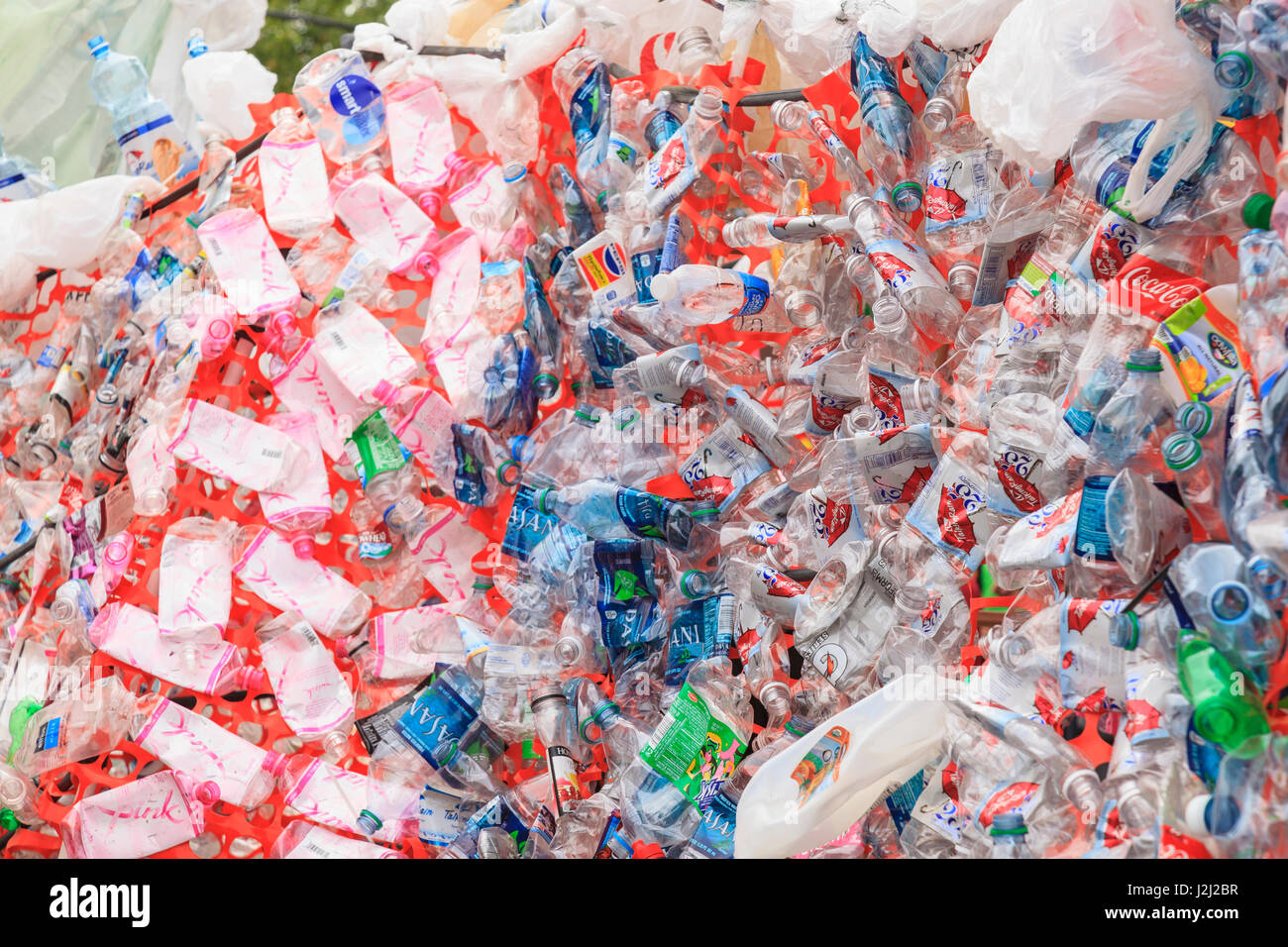 Parade outfits, float made from discarded water bottles, the number of bottles an average