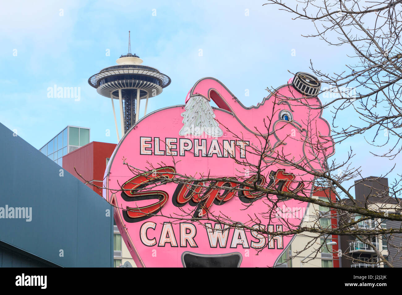Iconic sign and Car Wash near Seattle Center Area, WA, USA Stock Photo