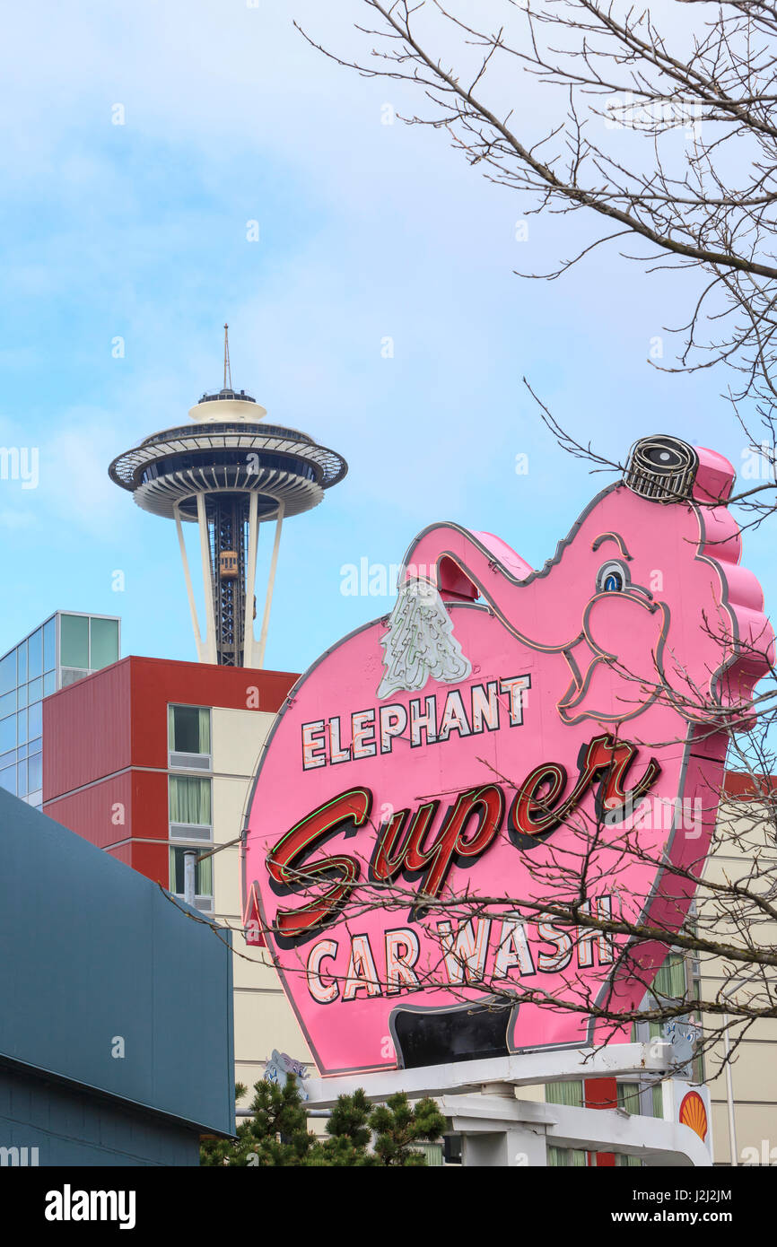 Iconic sign and Car Wash near Seattle Center Area, WA, USA Stock Photo