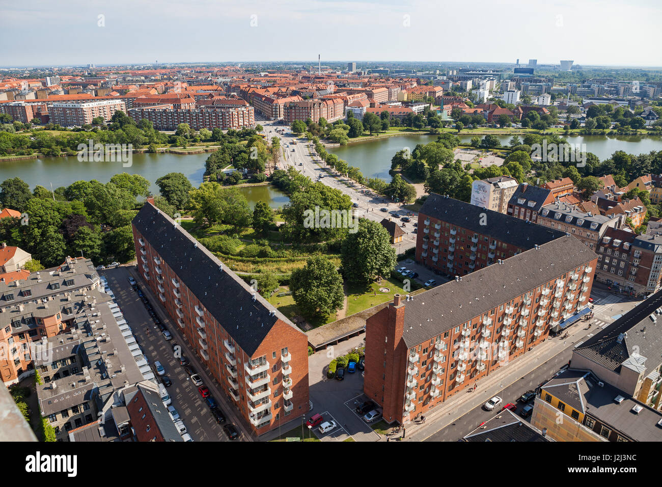 Aerial view of Copenhagen city. Christianshavn district with living blocks. Stock Photo