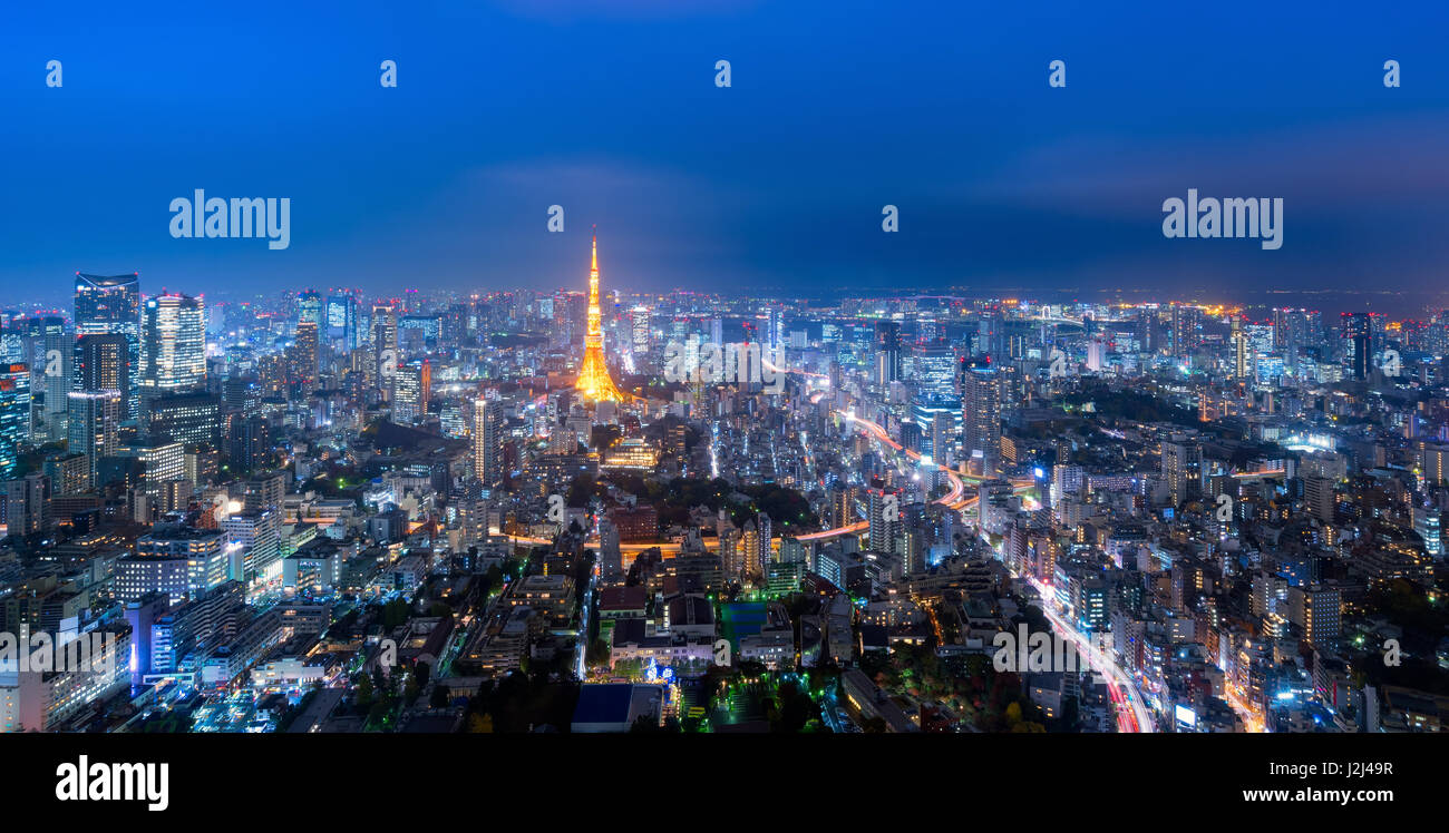 Panorama view over Tokyo tower and Tokyo cityscape view from Roppongi Hills at night in Tokyo,Japan Stock Photo