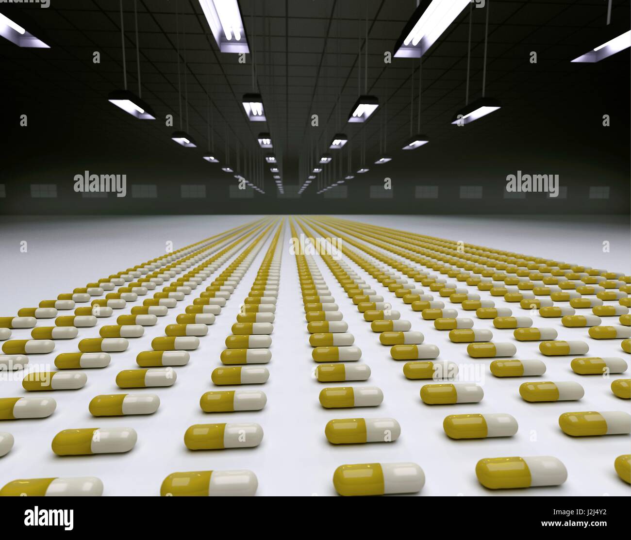 Stimulant drugs such as methylphenidate for treating attention deficit hyperactivity disorder in children, lined up as though in a factory or warehouse. Computer artwork. Stock Photo