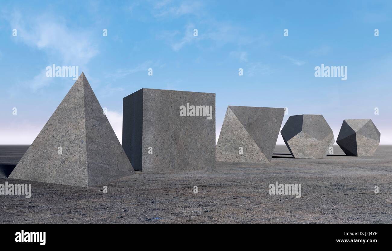 The five Platonic solids in an empty desert landscape. Thought to have been discovered in ancient Greece, they were written about by Plato, and Euclid gave a full mathematical description of them. Computer artwork. Stock Photo