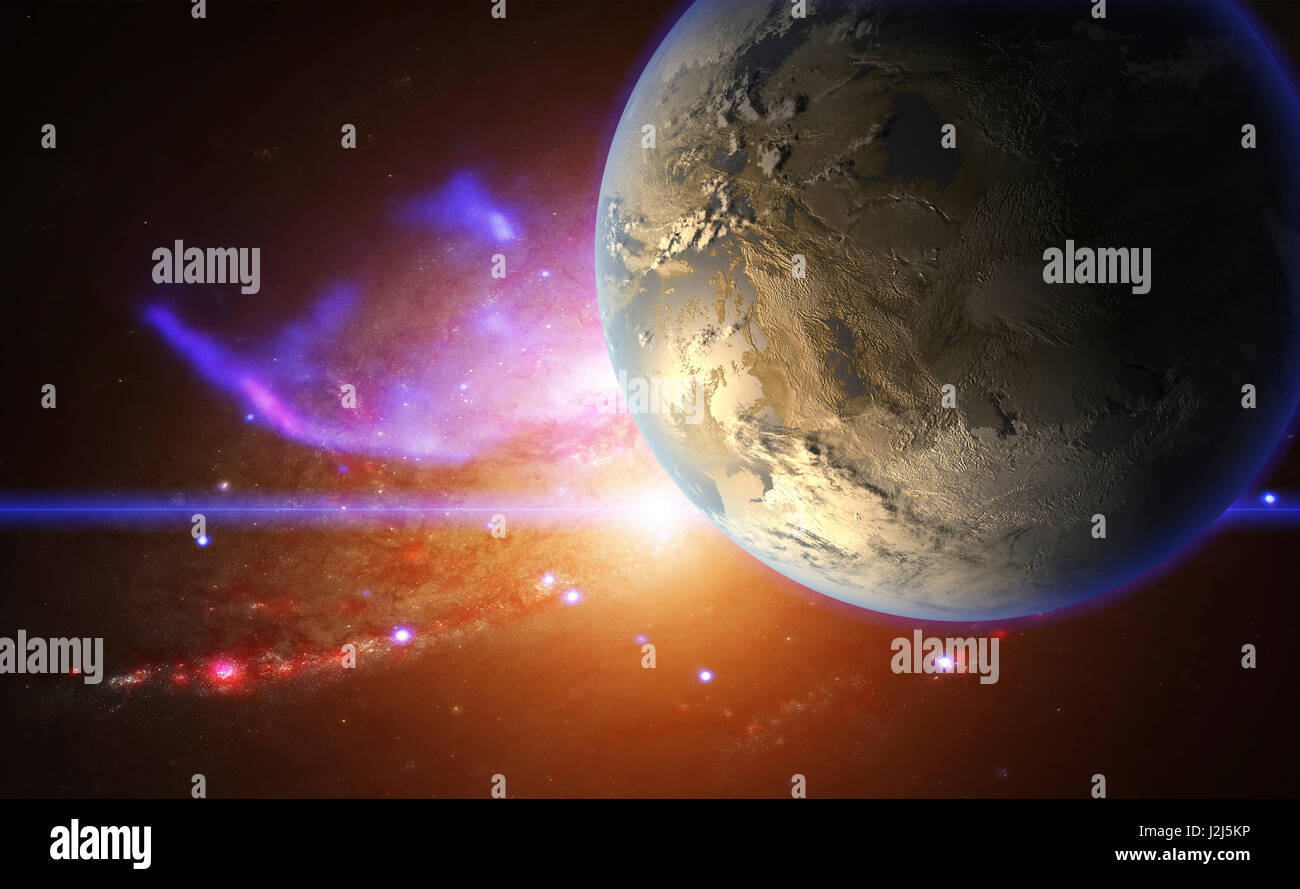 Exoplanet and galactic nebula, illustration. Stock Photo