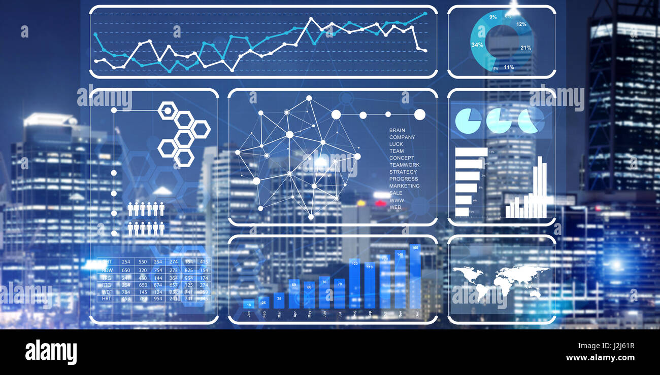 Financial consulting and analytics concept with infographs on screen and cityscape at background