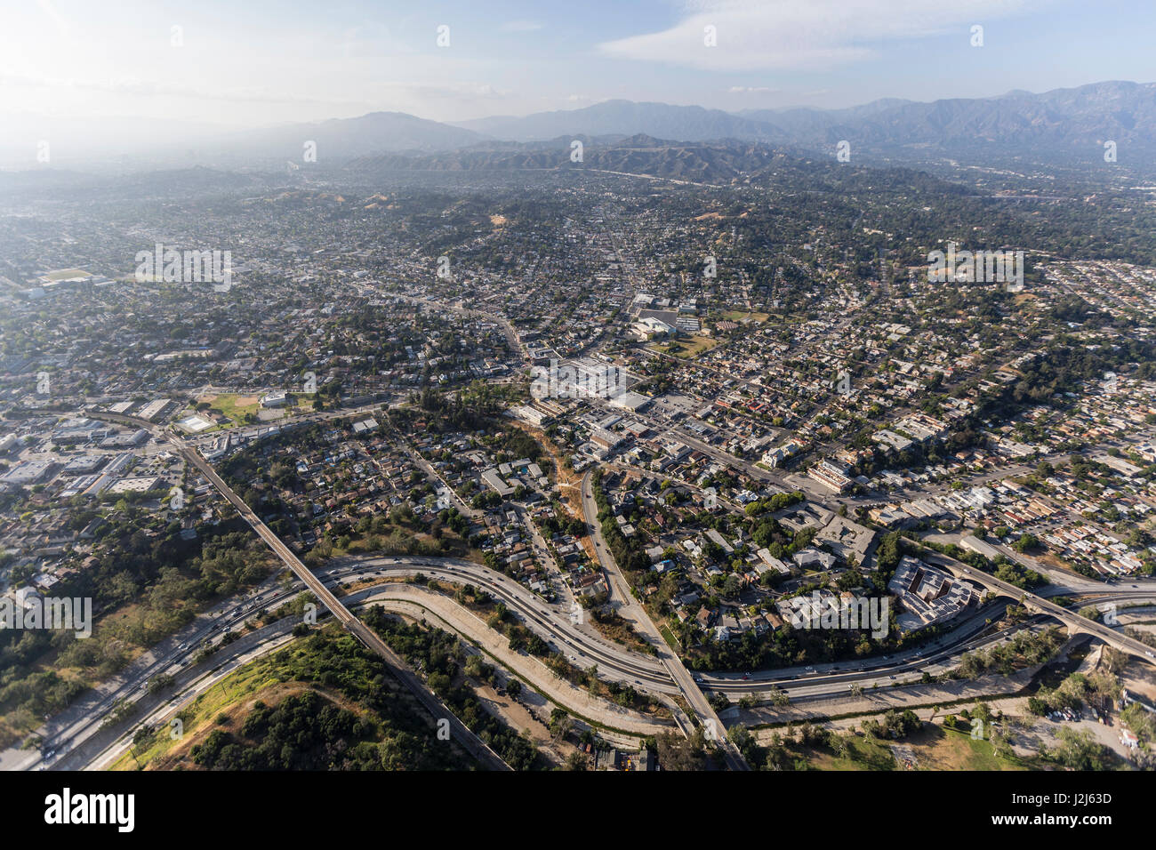 Afternoon aerial view of the Highland Park neighborhood in northeast Los Angeles California. Stock Photo
