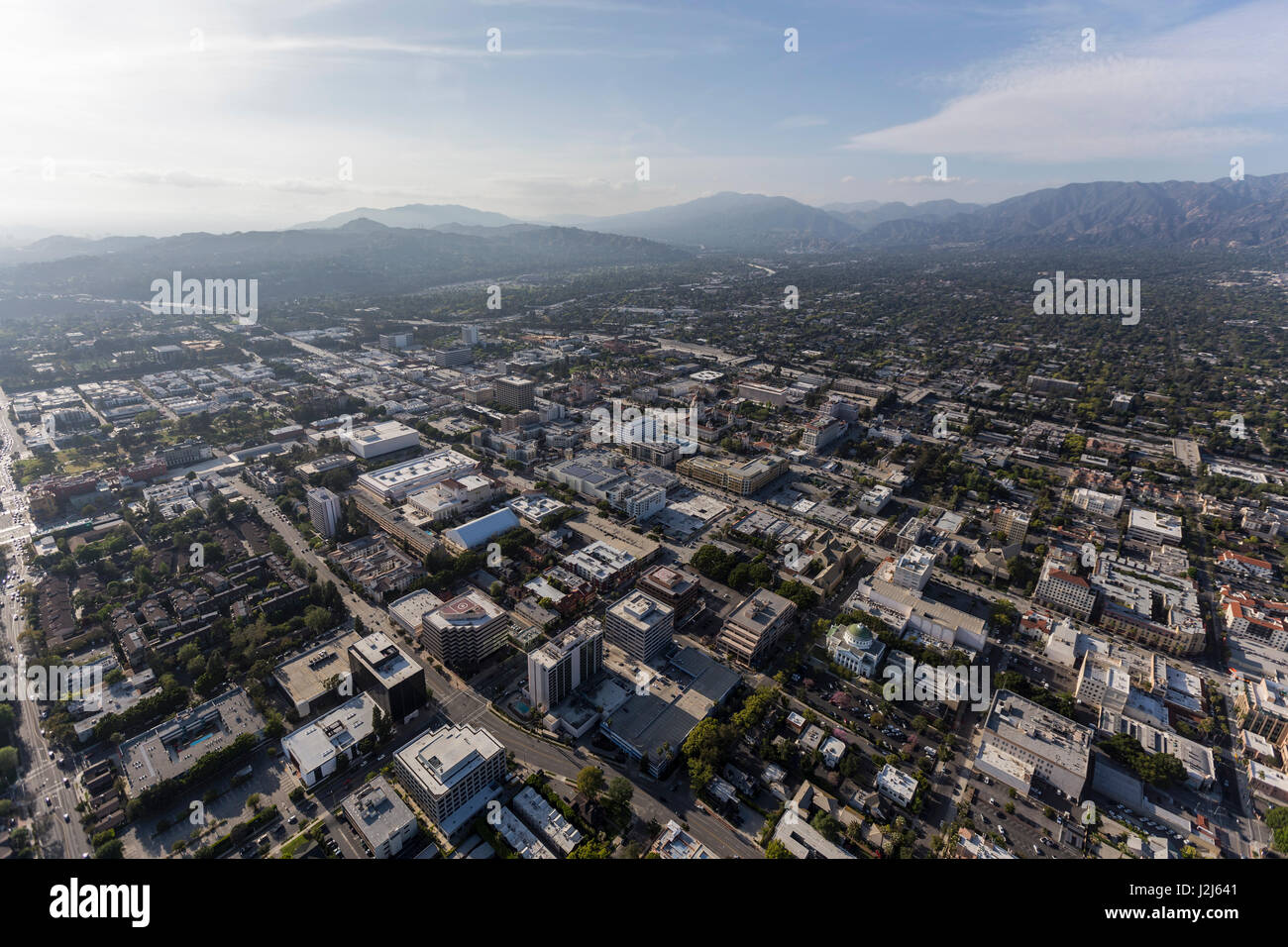 Aerial view of downtown Pasadena and the San Gabriel Mountains in Southern California. Stock Photo