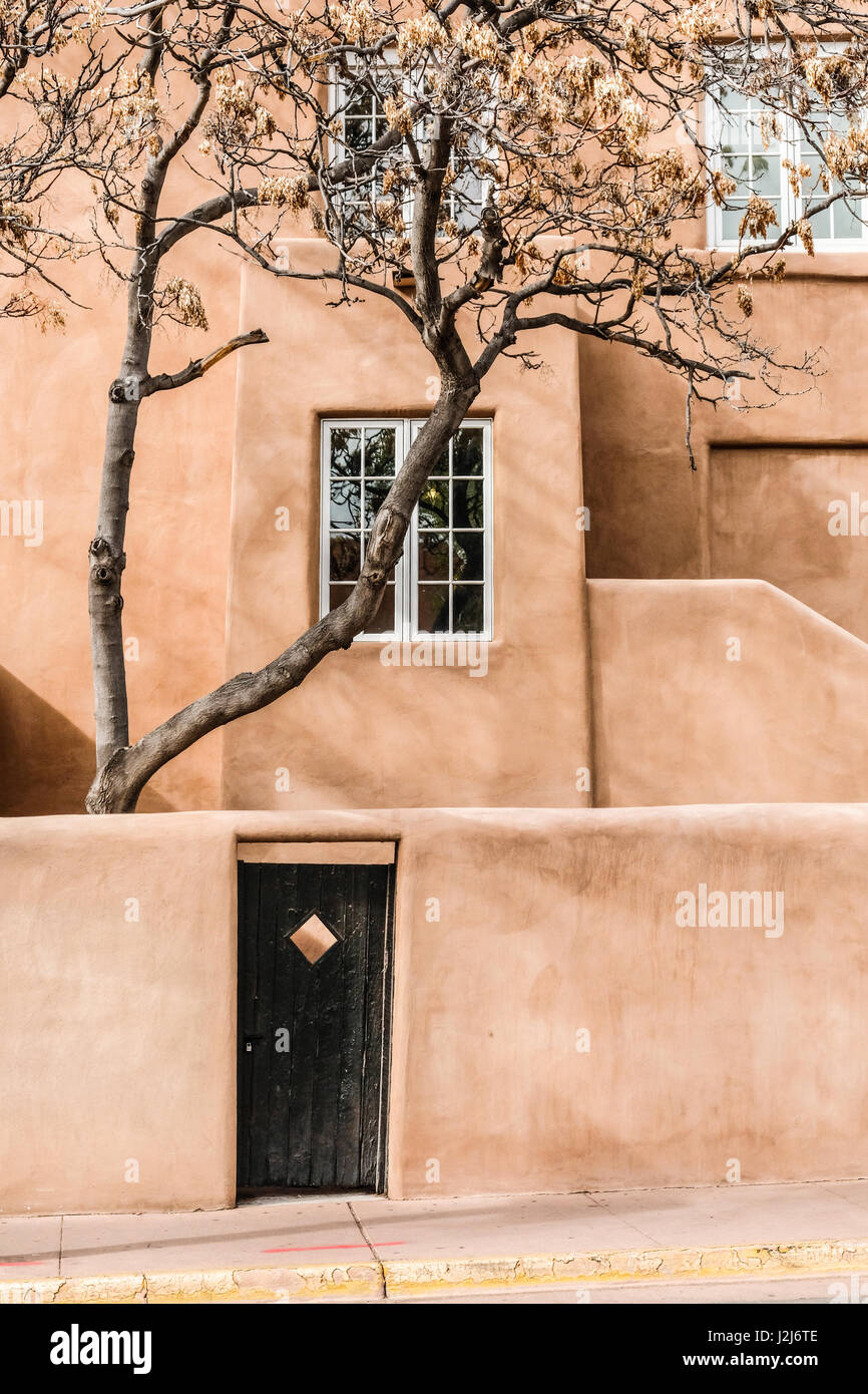 The back view of adobe style La Fonda hotel in Santa Fe, New Mexico ...