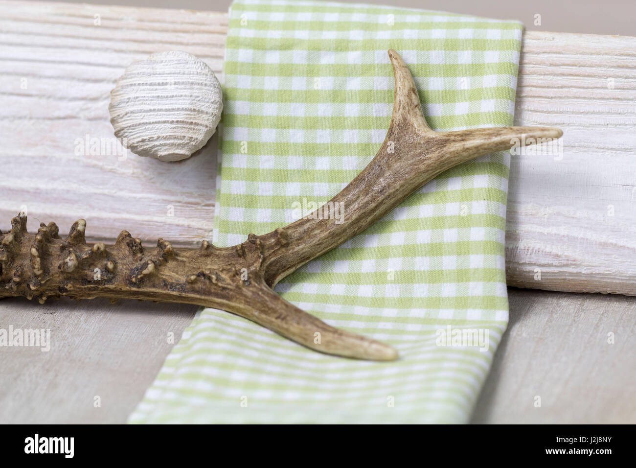 Wooden Knob Of A Drawer And Deer Antler On Green Checked Napkin