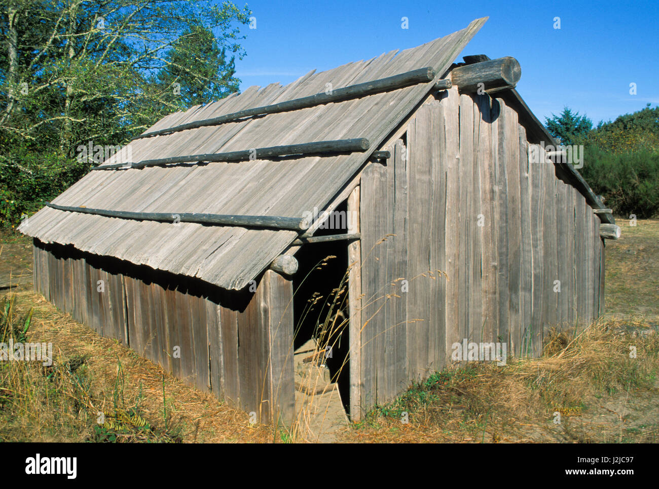 Traditional cedar plank longhouse used by the Chinook Indians of the Northwest, Washington. Stock Photo