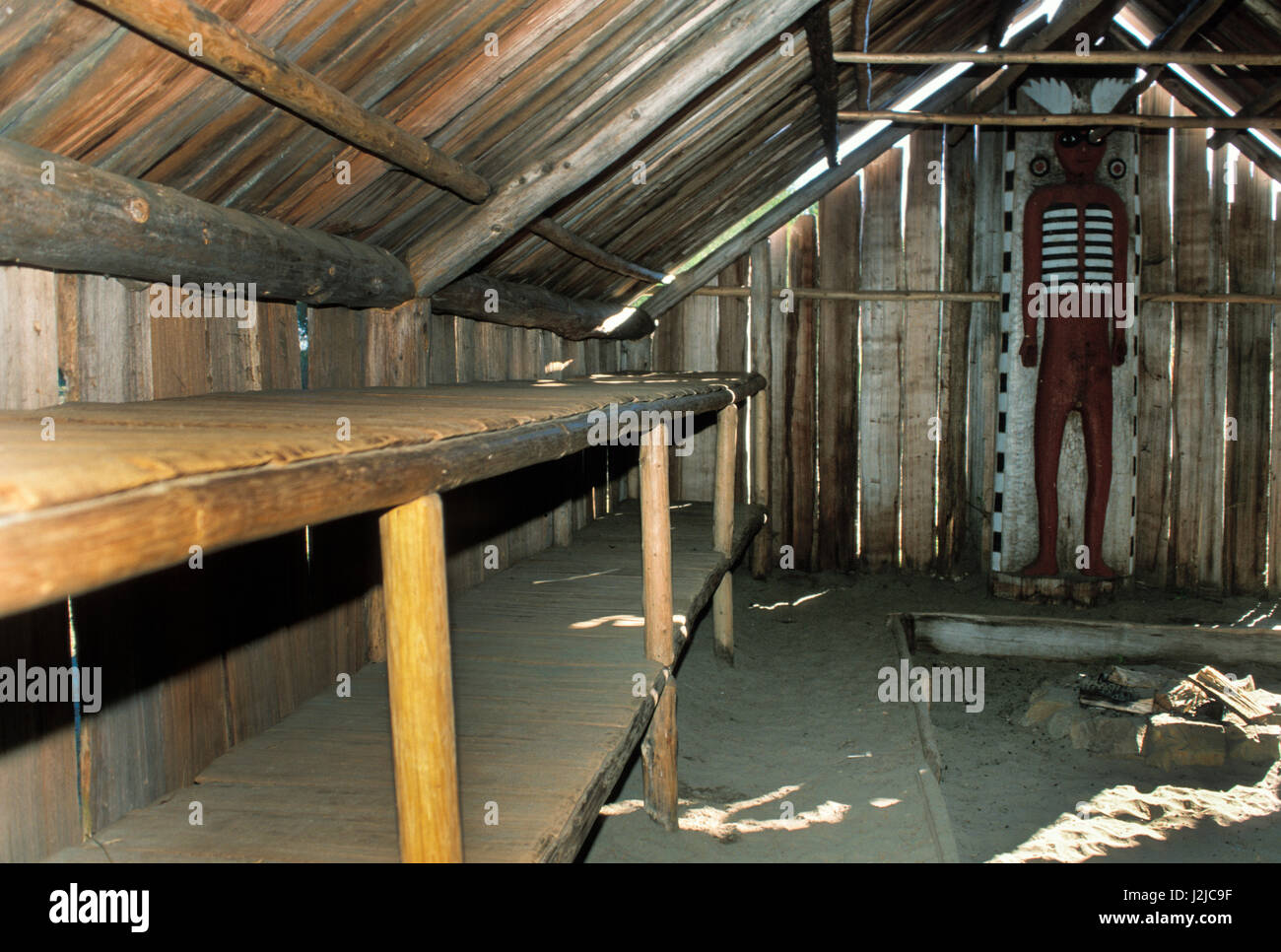Inside a Chinook dwelling called a Longhouse made from cedar planks