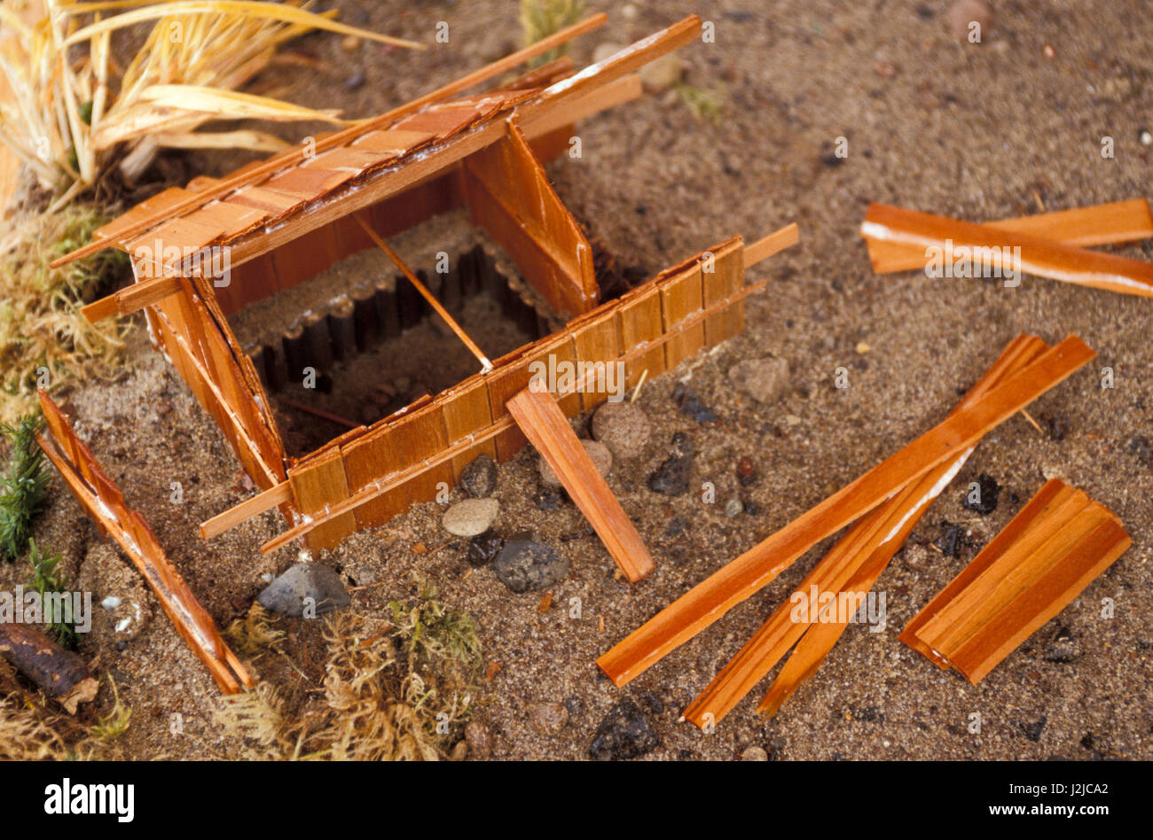 Model depicts the construction of a cedar plank dwelling called a