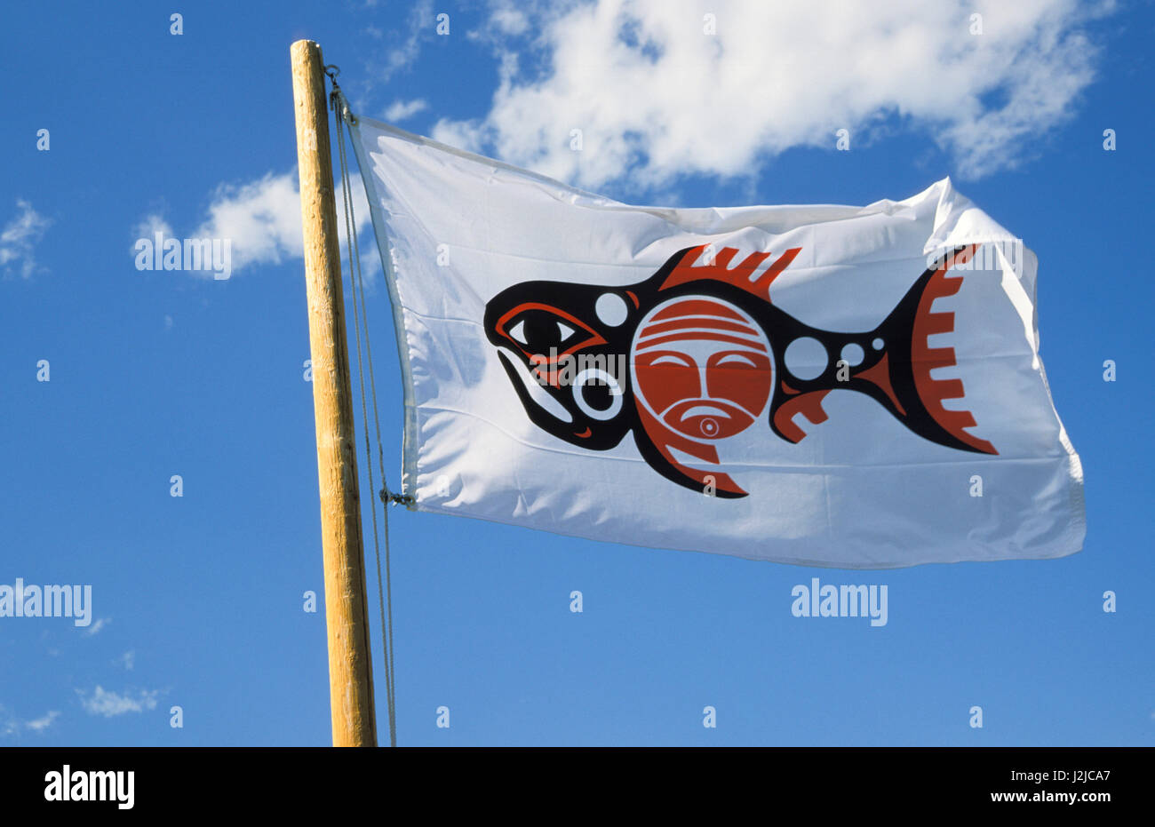 Chinook seal of a salmon with the traditional designs of the northwest is on their tribal flag as the Chinook Indian symbol Stock Photo