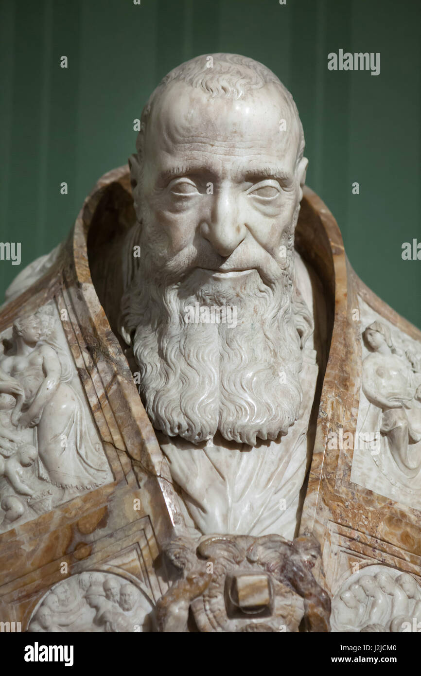 Marble bust of Pope Paul III by Italian late-Renaissance sculptor Guglielmo della Porta (ca. 1560) on display in the Museo di Capodimonte in Naples, Campania, Italy. Stock Photo