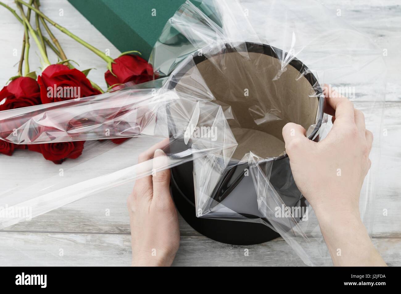 Florist workplace how to make box with flowers, step by step, tutorial