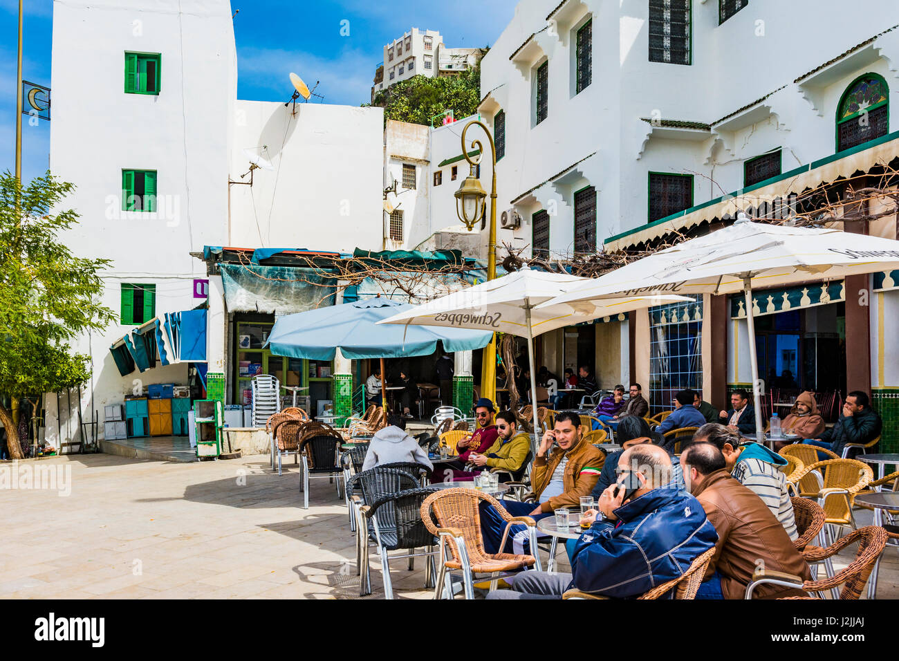 Lively cafe in the square of Moulay Idriss. Meknes, Morocco, North Africa Stock Photo