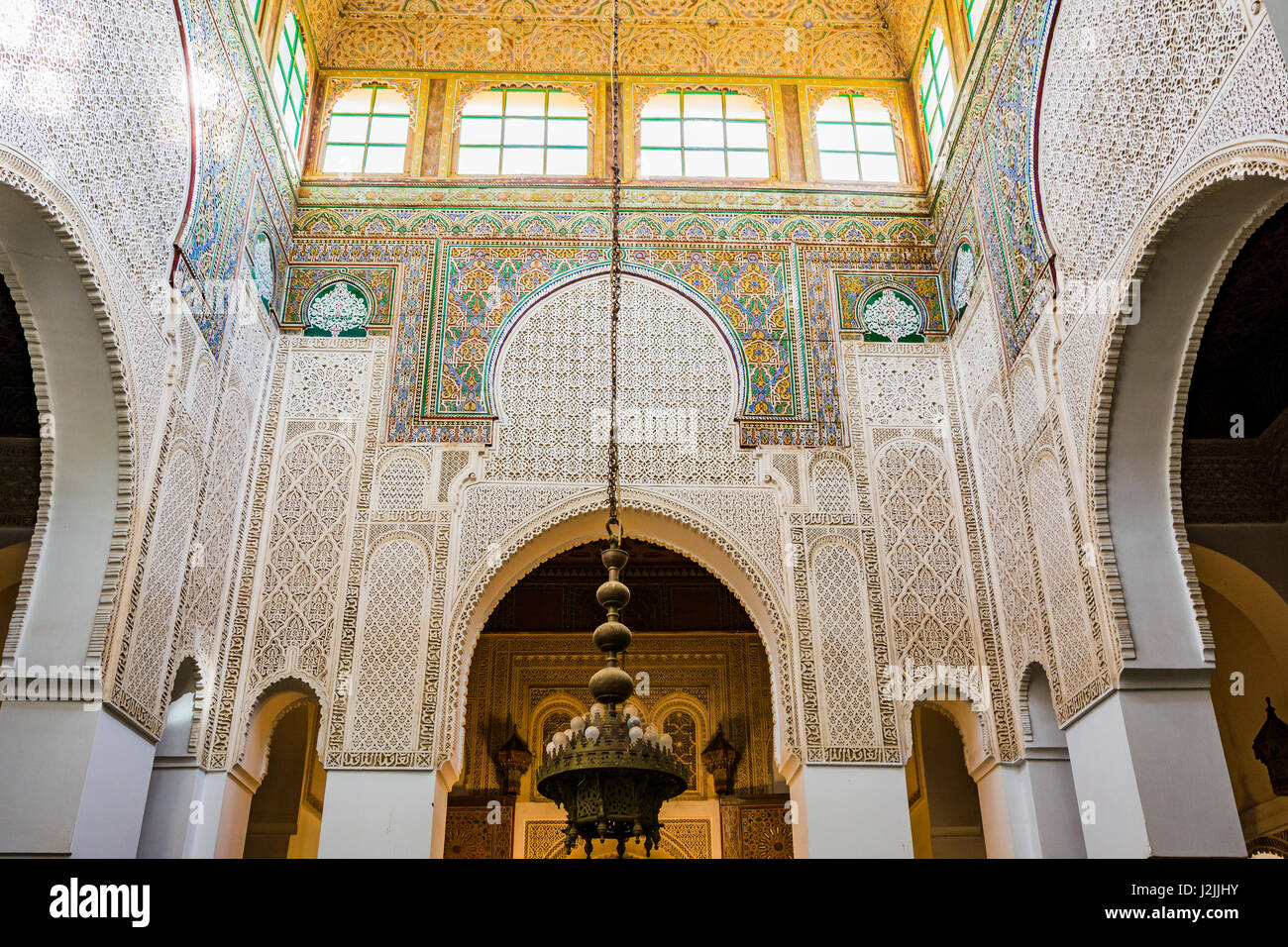 Gypsum arabesques decorating the interior of the Moulay Ismail Mausoleum. Meknes, Morocco, North Africa Stock Photo