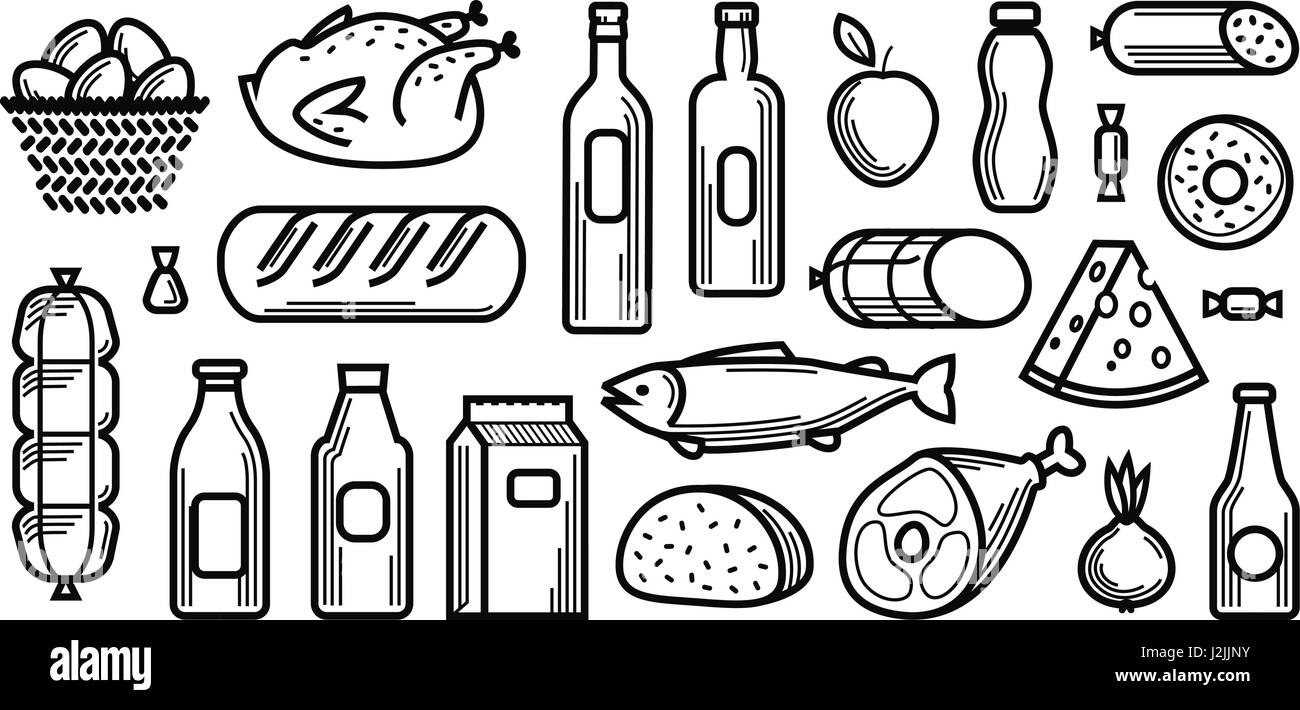 Grocery store. Food and drinks icons set. Vector illustration Stock Vector