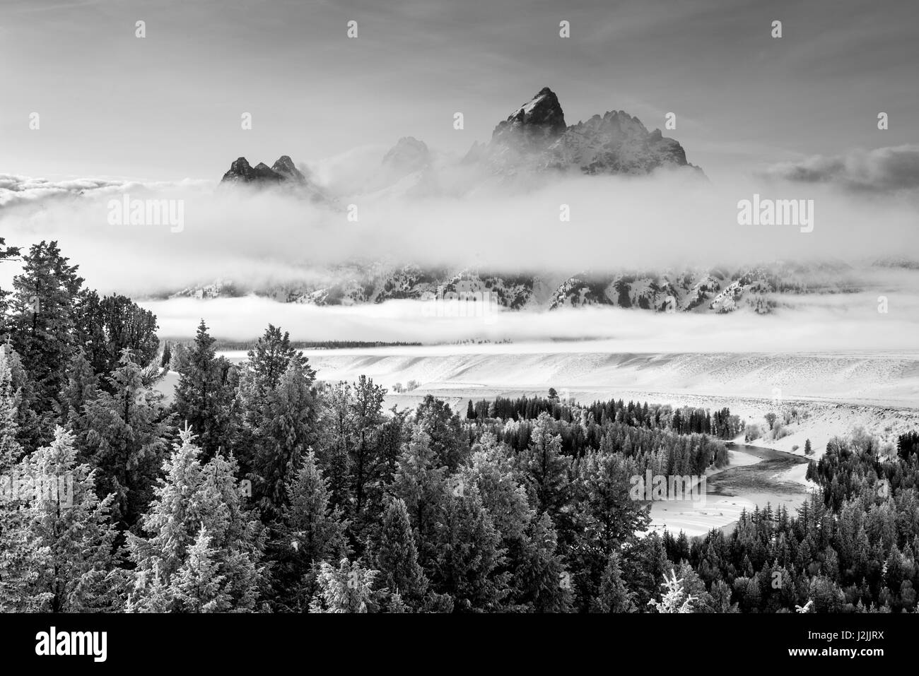 Grand Teton and layers of Fog, Snake River Overlook (Large format sizes available) Stock Photo