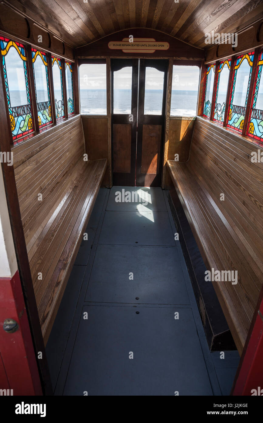 A view inside the carriage of the famous water-powered funicular cliff lift at Saltburn by the Sea,England,UK Stock Photo