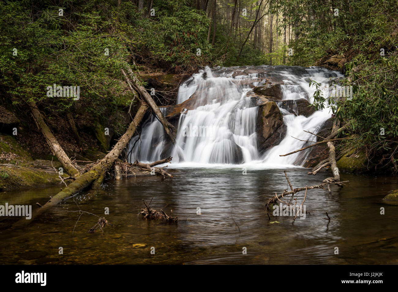 Duke's Creek is created by the combination of Little Low Gap Branch and Bear Den Creek in the north Georgia mountains outside Helen.  It is quickly joined by Dodd Creek then flows generally southward till it empties in the Chestateee River in White County.  Duke's Creek is well known for its trout fishing. Stock Photo