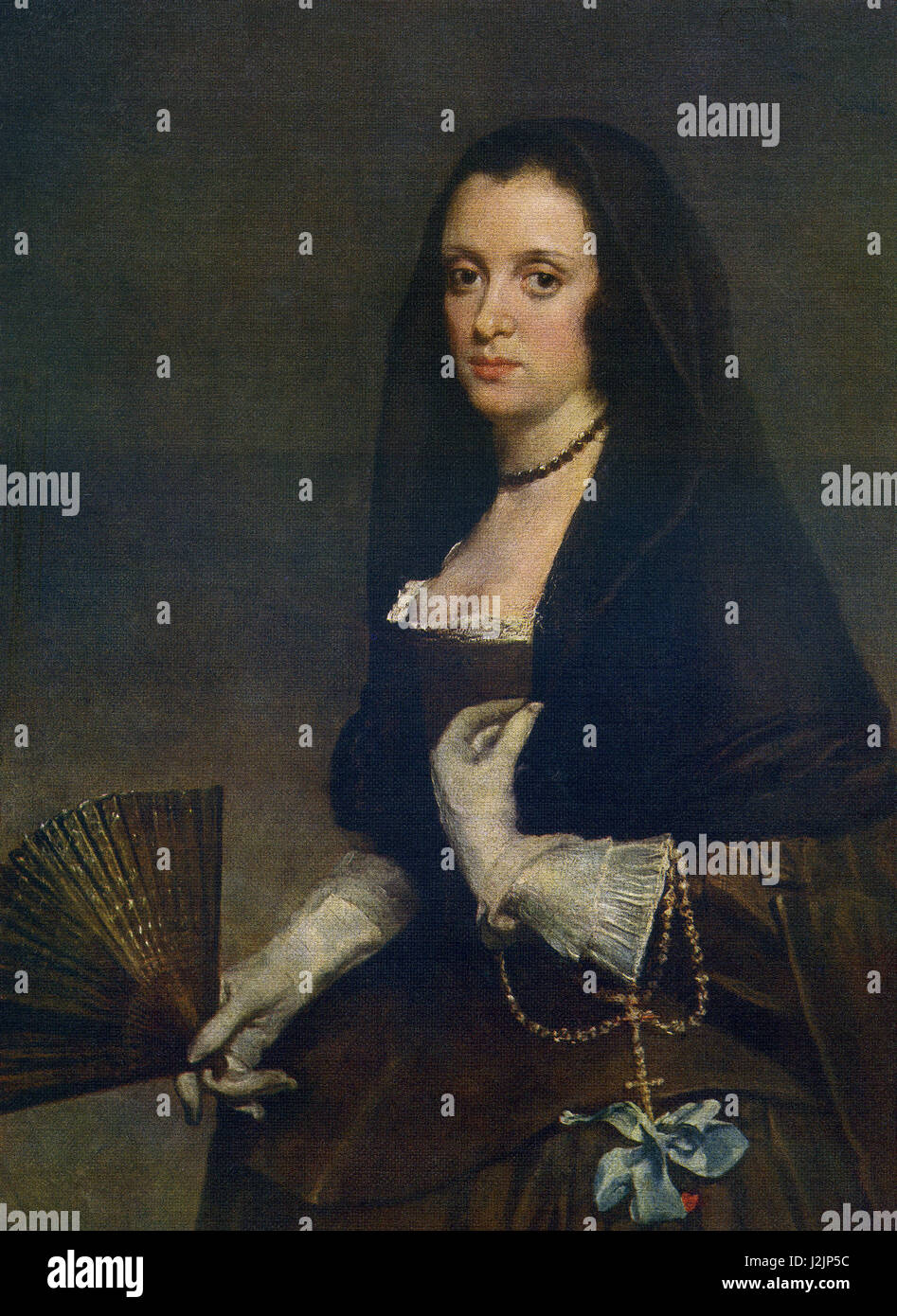 This painting, titled 'Portrait of a Spanish Lady,' was done by Spanish artist Diego Velasquez (1599-1660). Velasquez was hin his early 20s when King Philip IV of Spain appointed him Court Painter. Velasquez loved the sober tints of grey and silver, and sometimes used reds and pinks. He was essentially a realist, painting from models and not from the imagination. This portrait is noteworthy as it shows a lady of a type other than that representative of Court Circles. The same model appears in 'The Lady in the Mantilla.' Stock Photo