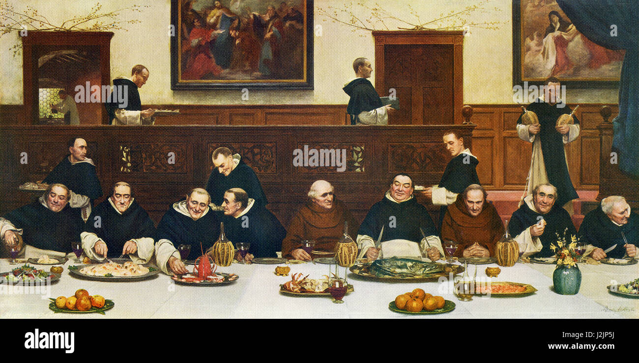 This painting, titled Friday, was done by British artist W. Dendy Sadler (1854-1923). His charming old-time pictures, whether depicting monastery life or revealing the refinement, culture, and charge of bygone days, are as fresh today as when first painted. 'Friday' shows an abbot and monks at dinner on Friday, enjoying their meal of fish instead of the prohibited meat. The figures to the right and left of the abbot are priests from another monastery and are St. Francis as their habits are brown. The other monks are of the order of St. Domenic and their habits are black and white. Stock Photo