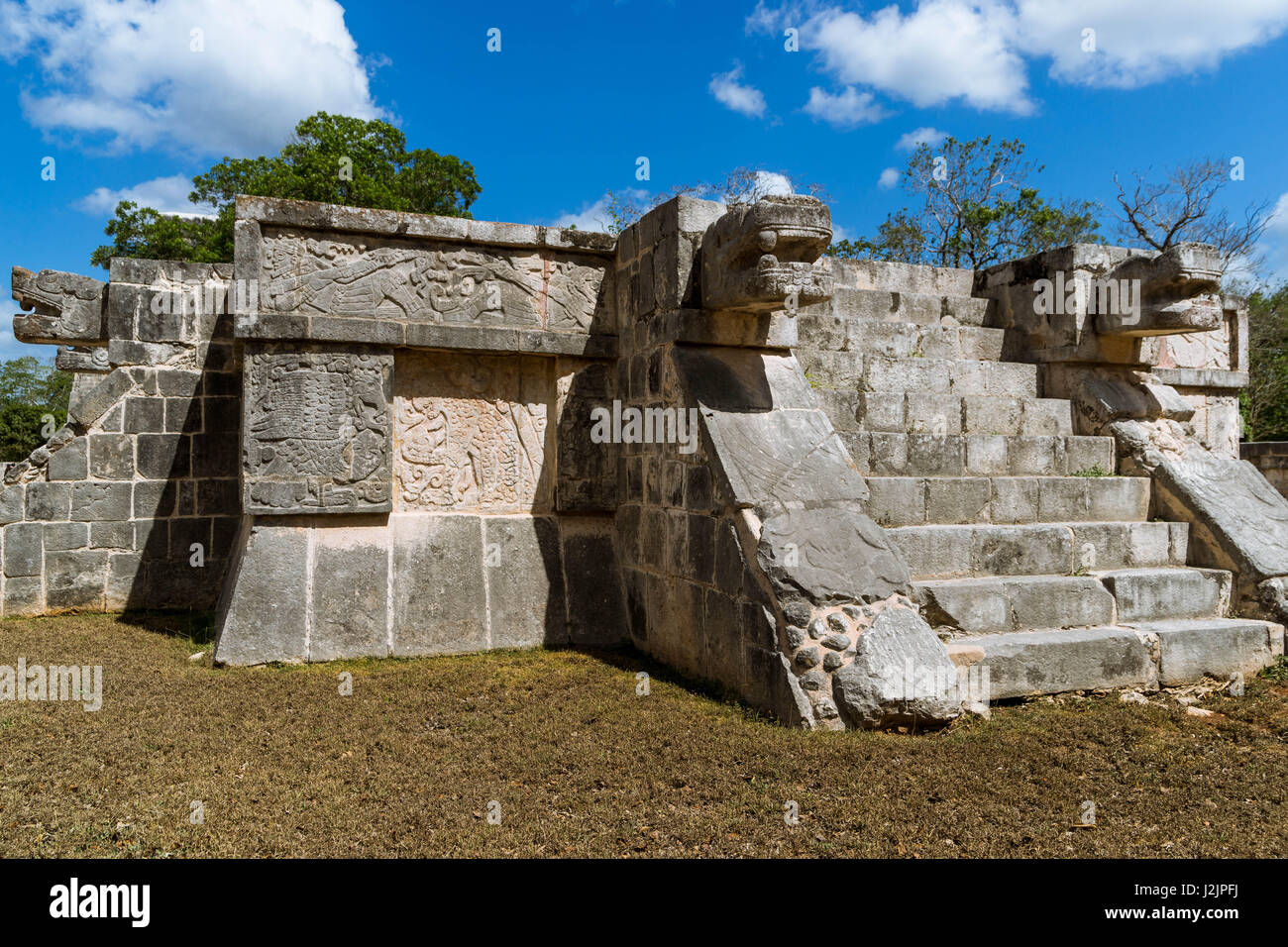 Platforma de las Aguilas y los Jaguares ('Platform of the Eagles and Jaguars'), built in a combination of Maya and Toltec styles between 900-1200 AD, Stock Photo