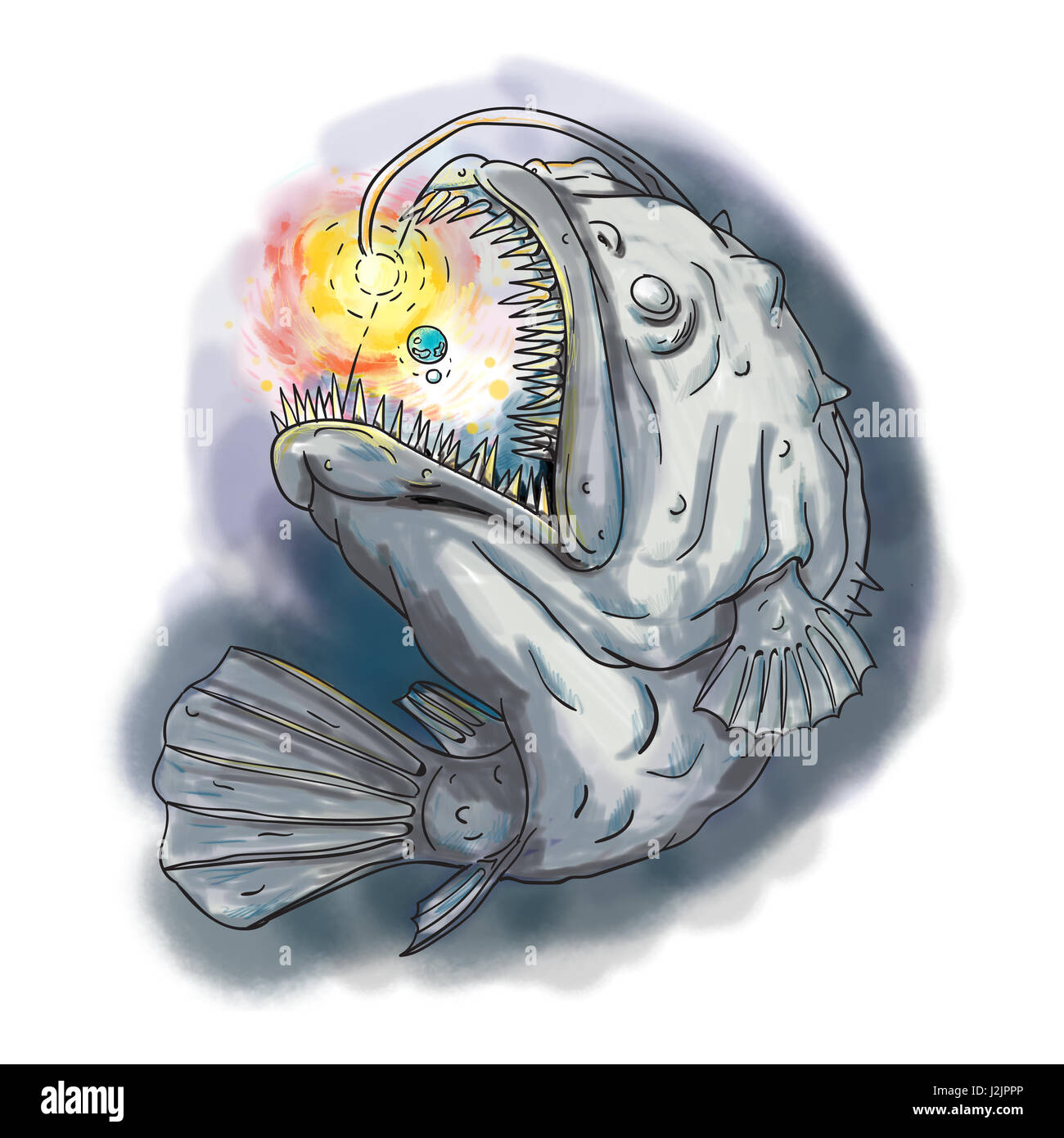 Watercolor style illustration of an Anglerfish of teleost order Lophiiformes that are bony fish named for their characteristic mode of predation, whic Stock Photo