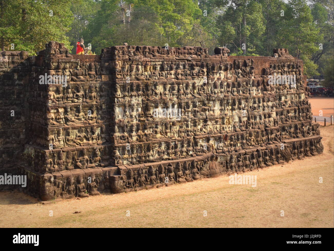 Terrace of the Leper King stone carved ancient wall ruins of Angkor Thom, Cambodia Stock Photo