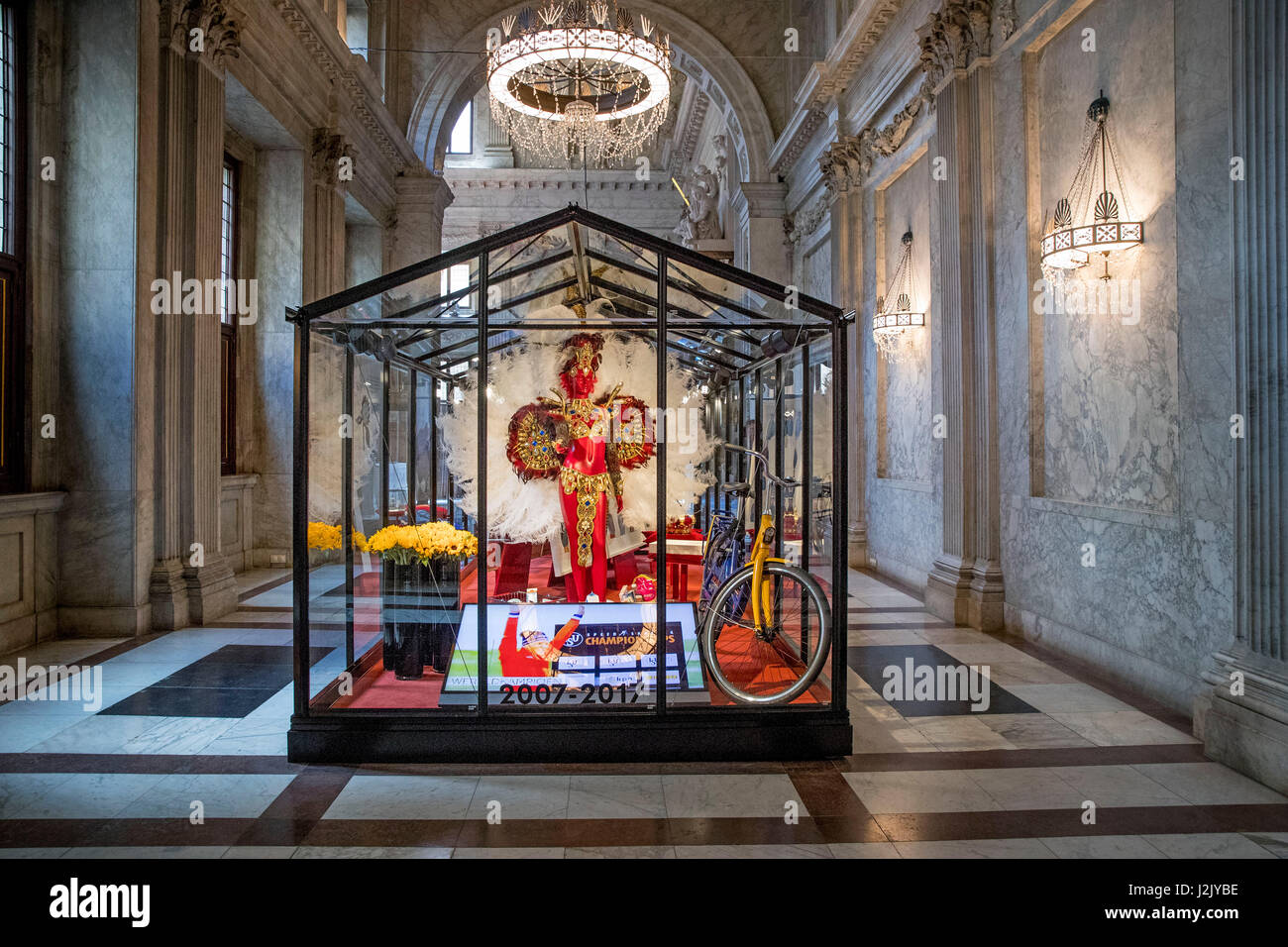 Exhibition with performances and objects from 1967 till 2017 that gives an impression of the last 50 years in The Netherlands in the Royal Palace in Amsterdam, The Netherlands, 28 April 2017. The exhibition will be opened by King Willem-Alexander who celebrates his 50th birthday together with 150 Dutch people during an official diner in the Palace. The exhibition shows pieces like the wedding dress of Queen Maxima, the cradle of King Willem-Alexander but also the Crown, The King's thesis, the shirt of Johan Cruyff, TV figure Meneer de Uil and cloned bull Herman./ POINT DE VUE Stock Photo