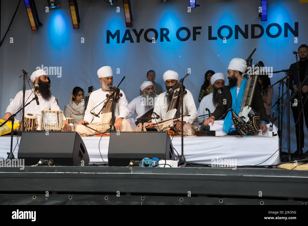 London, UK. 29th April, 2017. London Mayor Sadiq Khan brings Vaisakhi Celebration to Trafalgar Square in London this celebrates Sikh culture and heritage. There were food stalls, music and dancers on stage, children's activities and Sikh artists. It returns to the square after two years of being held at City Hall Credit: Keith Larby/Alamy Live News Stock Photo