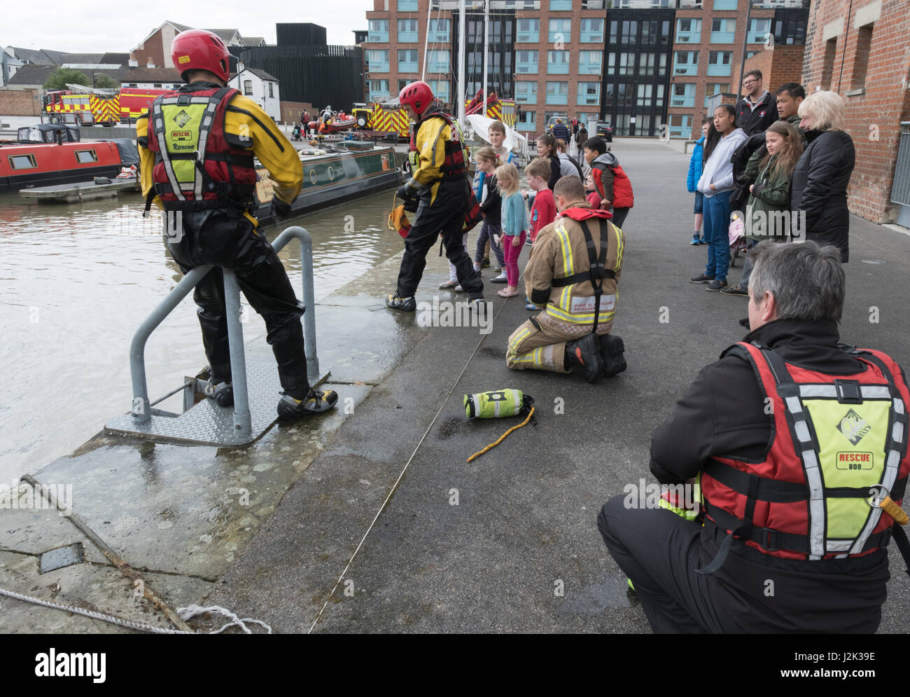 Gloucester, UK. 29th Apr, 2017. Gloucestershire Fire and Rescue services demonstrate water rescue techniques in Gloucester docks. Members of the public and docks security personnel take part. Combined with a public awareness campaign of the dangers of drinking alcohol near waterways. Credit: Chris Poole/Alamy Live News Stock Photo