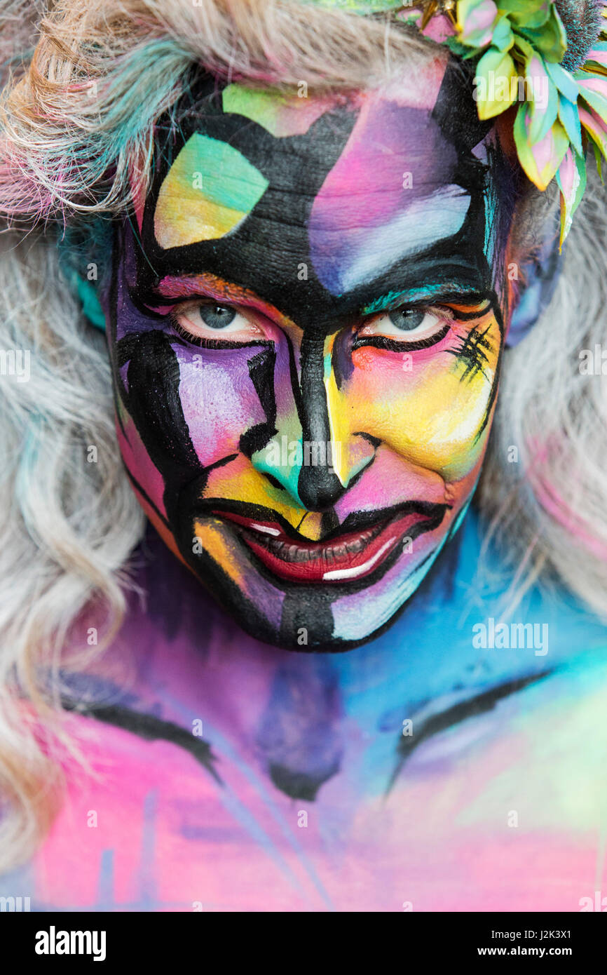 London, UK. 29 April 2017. Pictured: Model John Matthews with a pop-art facepaint/bodypaint creation by makeup artist Mona Turnbull. The United Makeup Artists Expo (UMAe) opens at the Novotel Convention Centre in Hammersmith and runs until Sunday, 30 April. UMAe is an affordable makeup show for all professional and aspiring makeup artists, FX artists, sculptors, tutors, hair dressers, wig makers / dressers, mold makers and stylists from around the world. Photo: Bettina Strenske/Alamy Live News Stock Photo