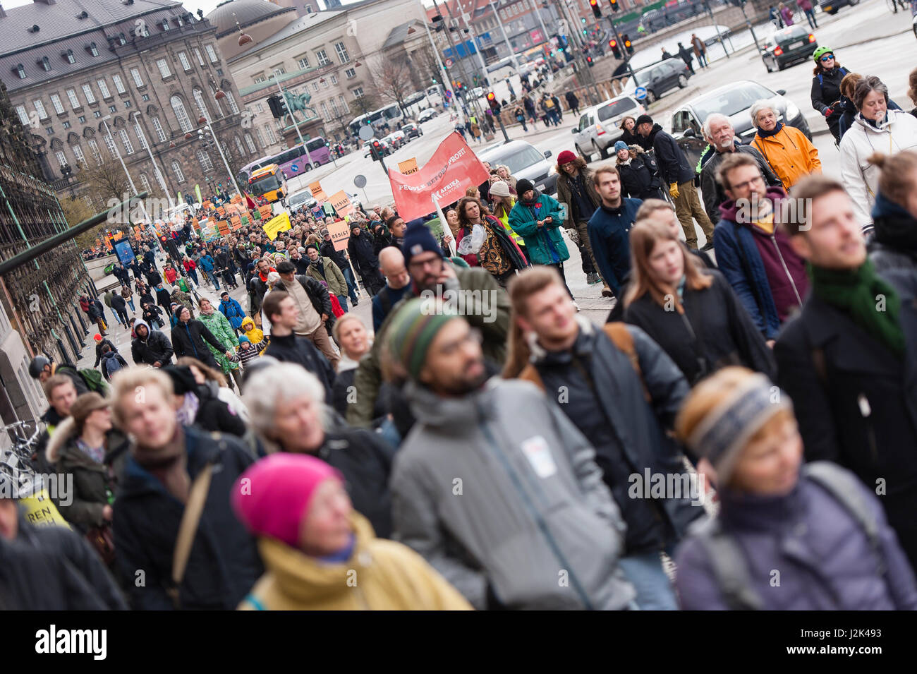 Copenhagen, Denmark, Saturday 29th April, 2017 More than 1700 people join a climate change march in the Danish city of Copenhagen on Saturday. The march coincides with US President Donald Trump's first 100 days in office, and is part of a larger initiative happening in the United States under the title Climate March. The event in Denmark has been organised by a group calling themselves Folkets Klimamarch København (English: The People's Climate March Copenhagen) Credit: Matthew James Harrison/Alamy Live News Stock Photo