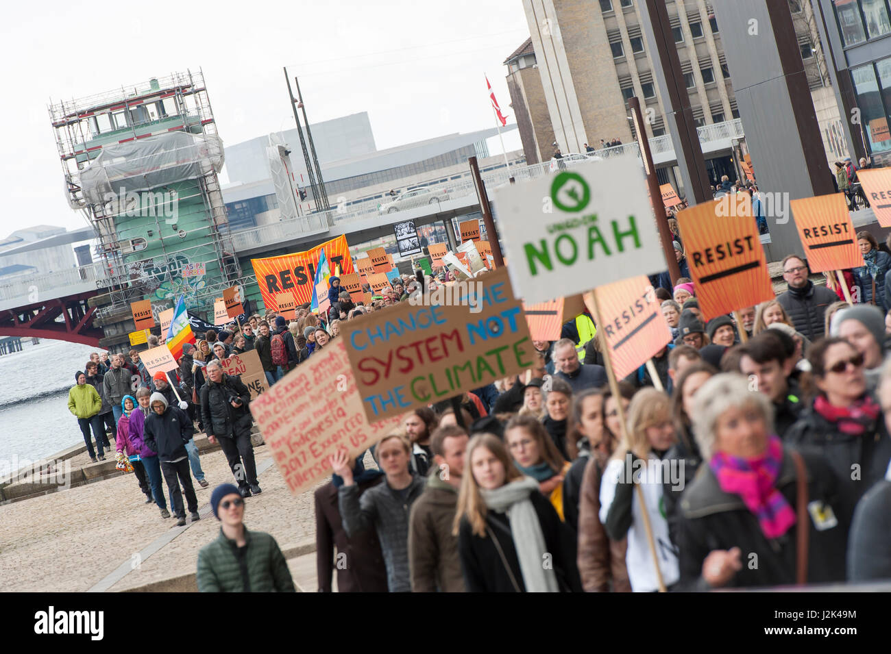 Copenhagen, Denmark, Saturday 29th April, 2017 More than 1700 people join a climate change march in the Danish city of Copenhagen on Saturday. The march coincides with US President Donald Trump's first 100 days in office, and is part of a larger initiative happening in the United States under the title Climate March. The event in Denmark has been organised by a group calling themselves Folkets Klimamarch København (English: The People's Climate March Copenhagen) Credit: Matthew James Harrison/Alamy Live News Stock Photo