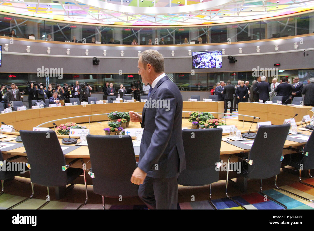 Brussels, Belgium. 29th Apr, 2017. Special Meeting European Council (ART.50) Brexit, round European Council President Donald Tusk during the round table. Credit: Leo Cavallo/Alamy Live News Stock Photo