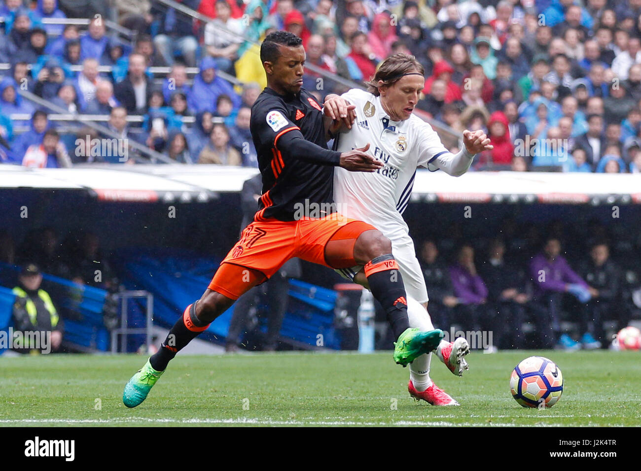 Madrid, Spain. 29th Apr, 2017. Rodrigo Moreno Machado (17) Valencia CF's player. Luka Modric (19) Real Madrid's player.La Liga between Real Madrid vs Valencia CF at the Santiago Bernabeu stadium in Madrid, Spain, April 29, 2017 . Credit: Gtres Información más Comuniación on line,S.L./Alamy Live News Stock Photo