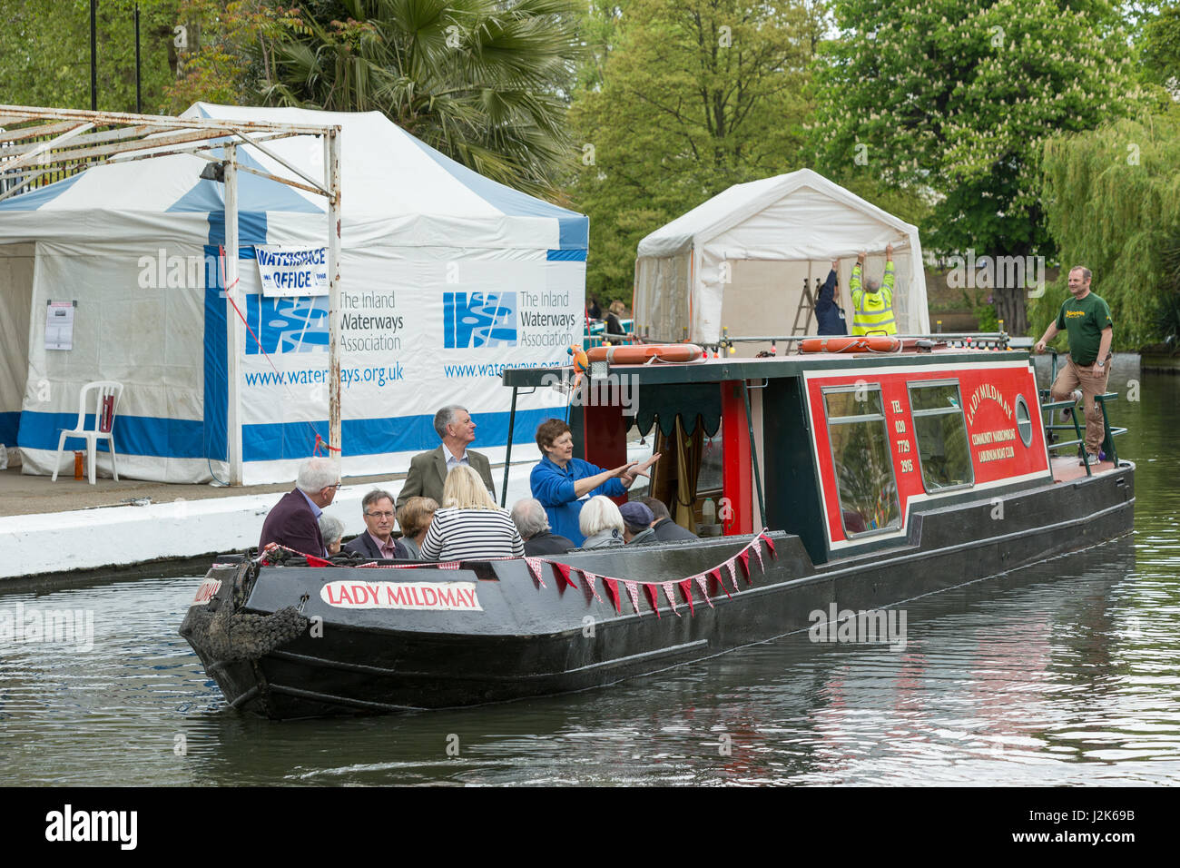 Little Venice, London, UK. 29 April 2017. Inland Waterways Association Canalway Cavalcade returns to the Pool of Little Venice near Paddington, London over the May Bank Holiday weekend. This is the biggest event in the nation’s waterways calendar with a large number of colourful boats dressed for the occasion. Neil Cordell/Alamy Live News Stock Photo