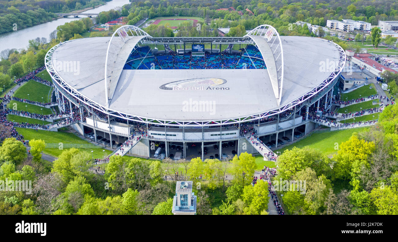 The Red Bull Arena and area around the stadium  taken by a drone during the match between RB Leipzig and FC Ingolstadt in Leipzig, Germany, 29 April 2017. Photo: Jan Woitas/dpa-Zentralbild/dpa Stock Photo