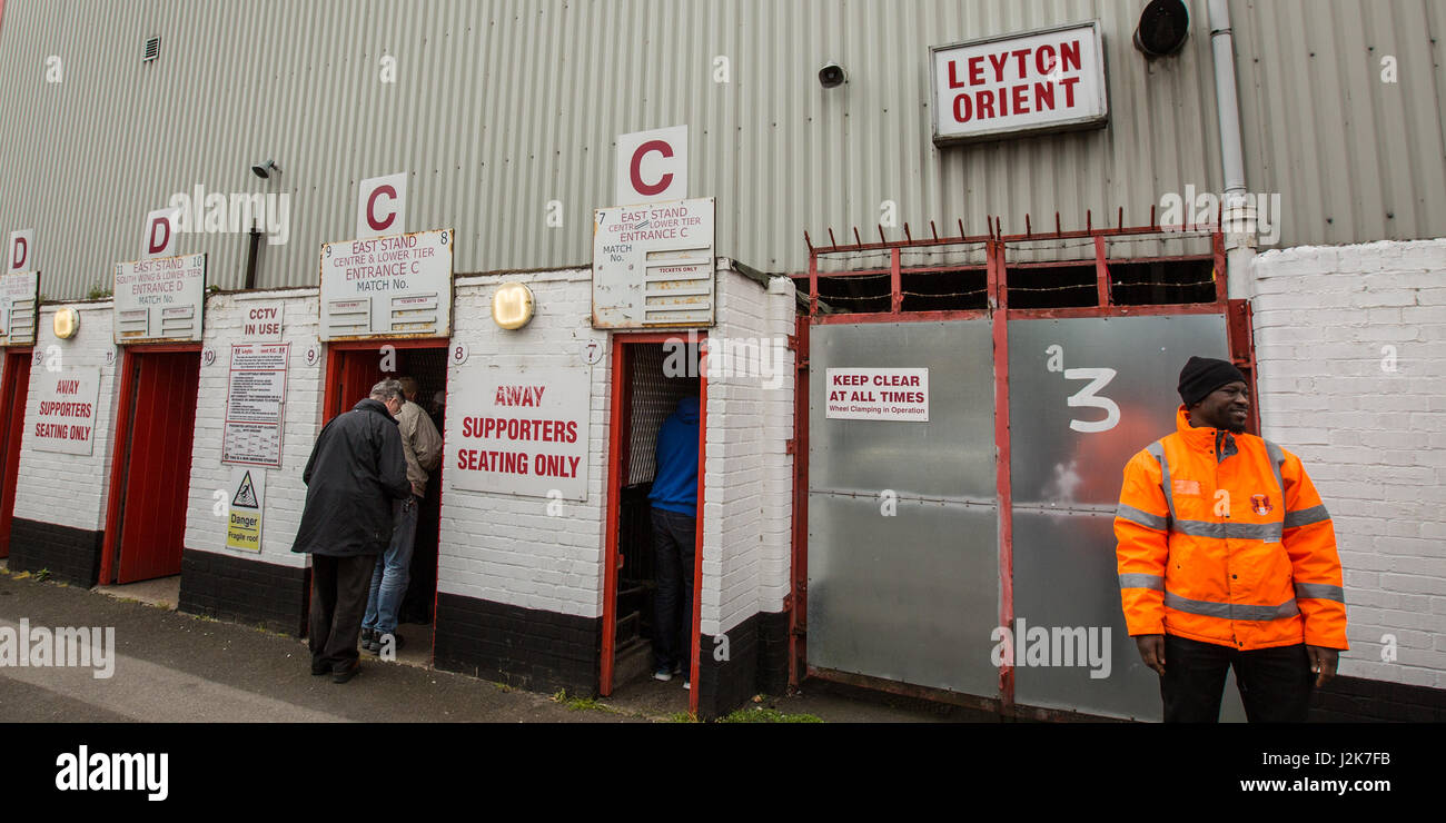 London, UK. 29th Apr, 2017. The away end at Orients 'Matchroom Stadium'. The Leyton Orient Fans Trust held a protest at the matchroom stadium demanding that club owner, Francesco Becchetti leaves. The club has been relagated out of the football league and fans are now fighting for the clubs very existance with staff unpaid for several months. Credit: David Rowe/Alamy Live News Stock Photo