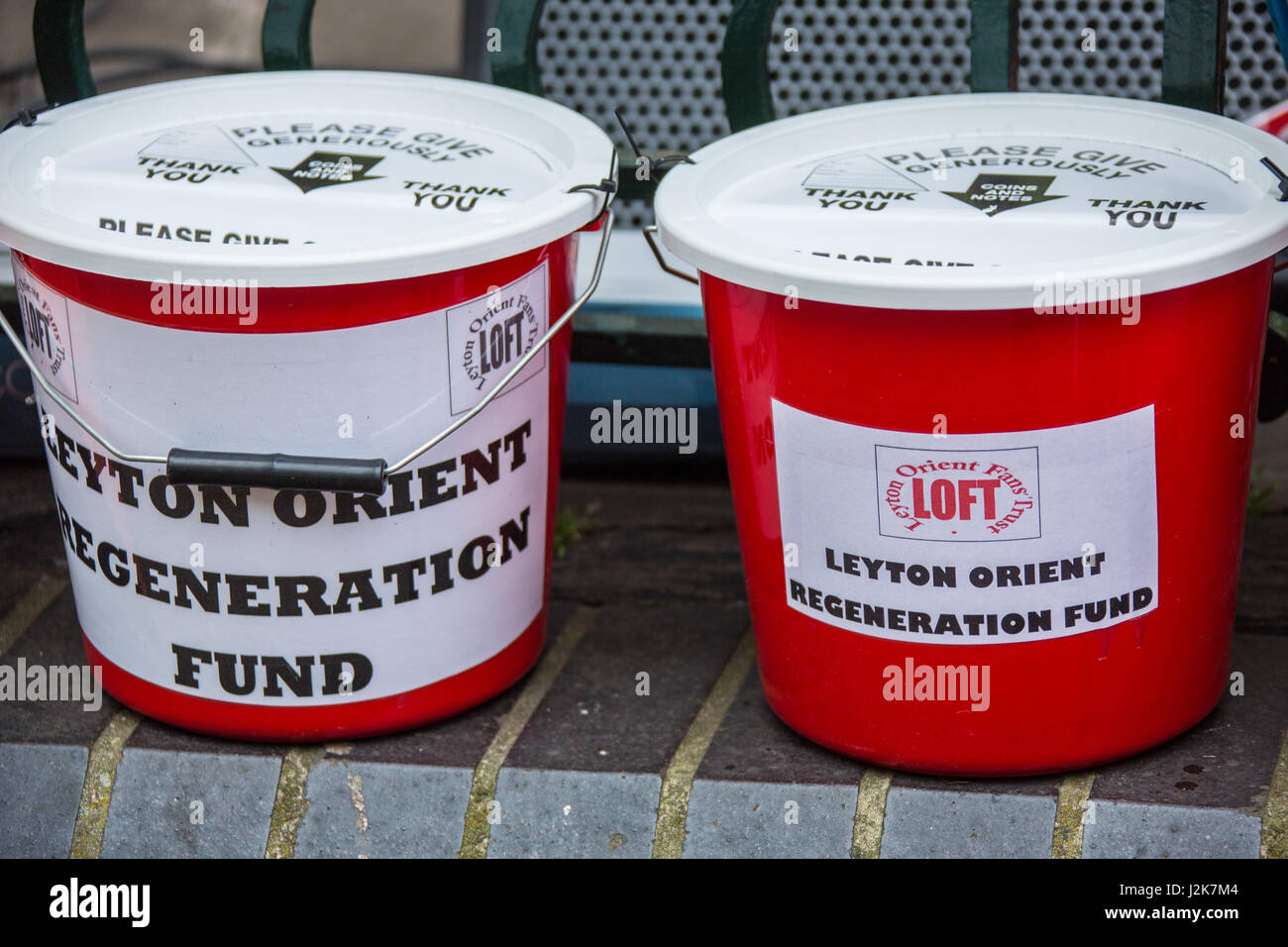 London, UK. 29th Apr, 2017. Fund raising buckets at the Orient. The Leyton Orient Fans Trust held a protest at the matchroom stadium demanding that club owner, Francesco Becchetti leaves. The club has been relagated out of the football league and fans are now fighting for the clubs very existance with staff unpaid for several months. Credit: David Rowe/Alamy Live News Stock Photo