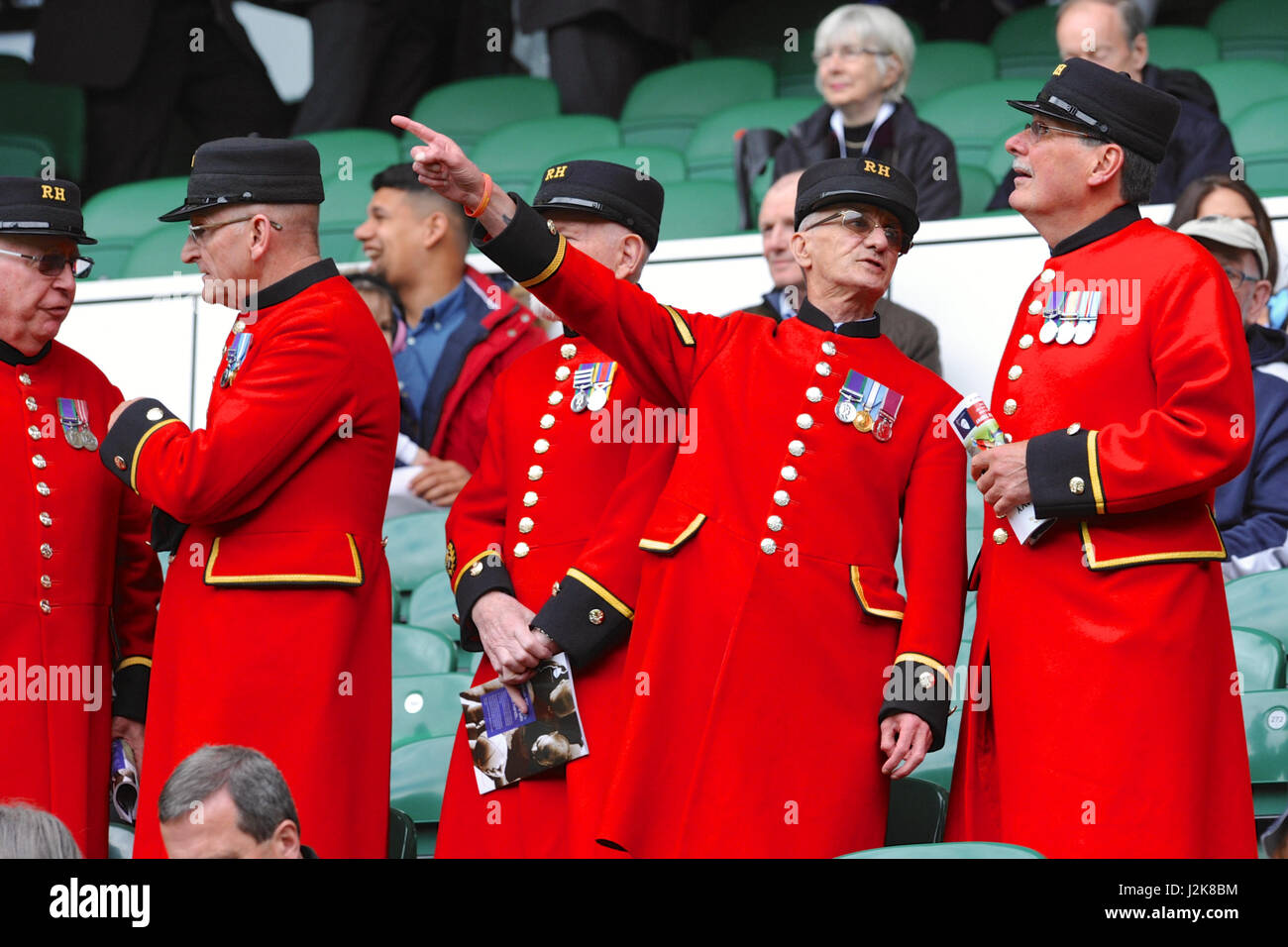 London, UK. 29th Apr, 2017. Chelsea Pensioners at the 100th annual Army Navy Rugby Match, Twickenham Stadium, London, UK.  The match is an annual rugby union match played between the senior XV teams of the Royal Navy and British Army and marks the culmination of the annual Inter-Services Competition. Credit: Michael Preston/Alamy Live News Stock Photo