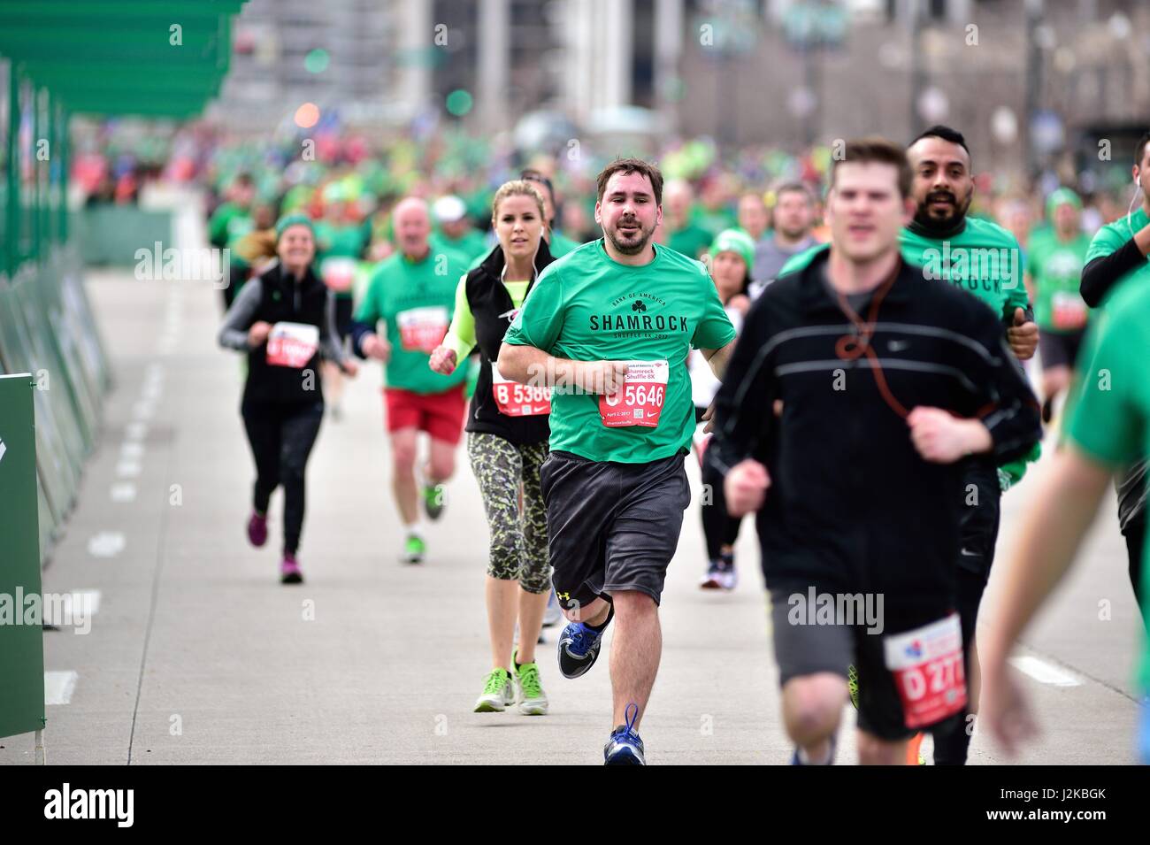 A sea of runners approachlng the finish line at the 2017 Shamrock Shuffle.  The annual race is an 8K route through downtown Chicago, Illinois, USA. Stock Photo
