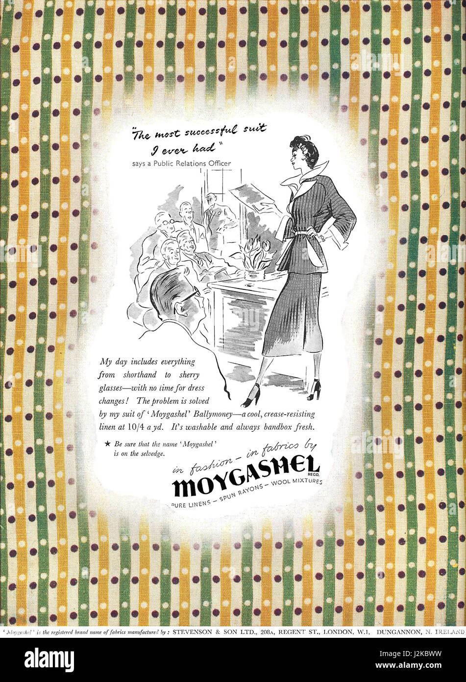 1950 British advertisement for Moygashel Fabrics. Stock Photo