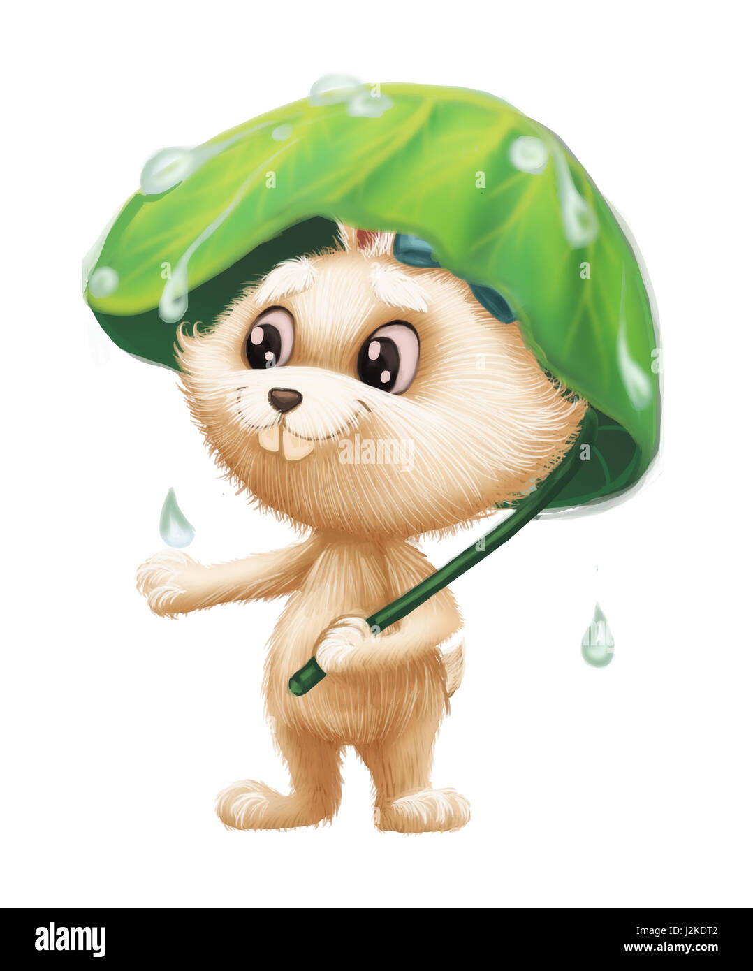 Cute Furry Bunny - Cartoon Animal Character Mascot in the Rain with Umbrella Stock Photo