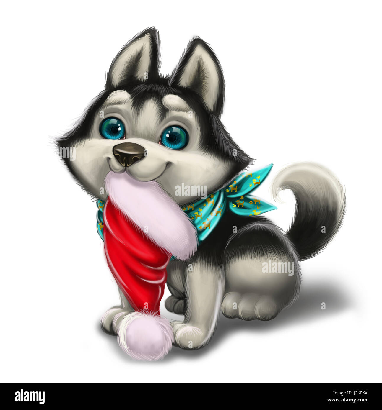 Season's Greetings and Holiday Love with Cute Husky Puppy - Merry Christmas and Happy New Year - Cartoon Animal Character Stock Photo
