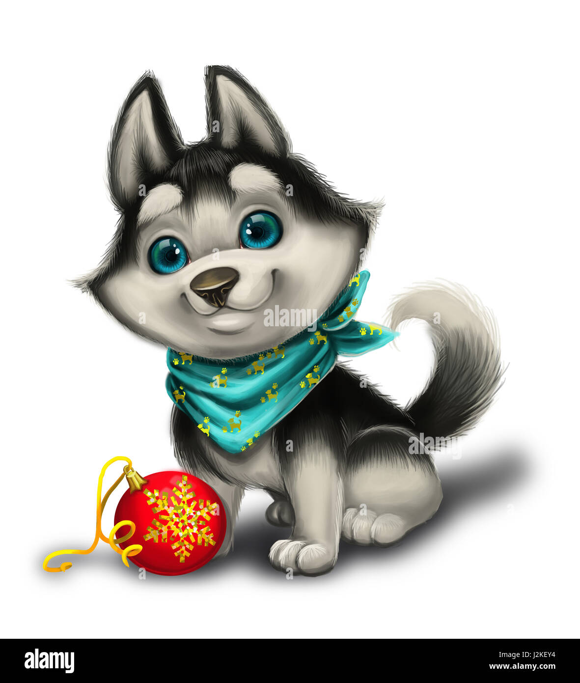 Season's Greetings with Cute Husky Puppy Playing with Toys - Merry Christmas and Happy New Year - Cartoon Animal Character Stock Photo
