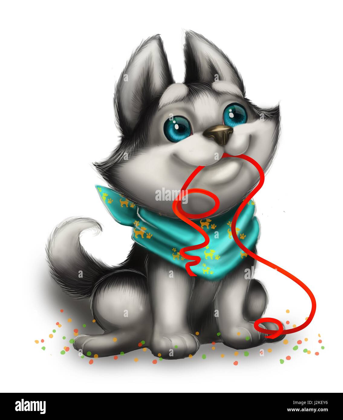 Cute, Smiling and Loving Husky Puppy Playing with Toy Ribbon - Happy Holidays - Hand-Drawn Cartoon Animal Character Stock Photo