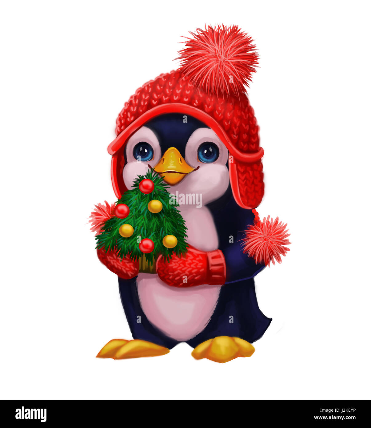 Season's Greetings with Little Penguin Character in Funny Hat Holding Christmas Tree - Happy Holidays and New Year, Hand-Drawn Stock Photo